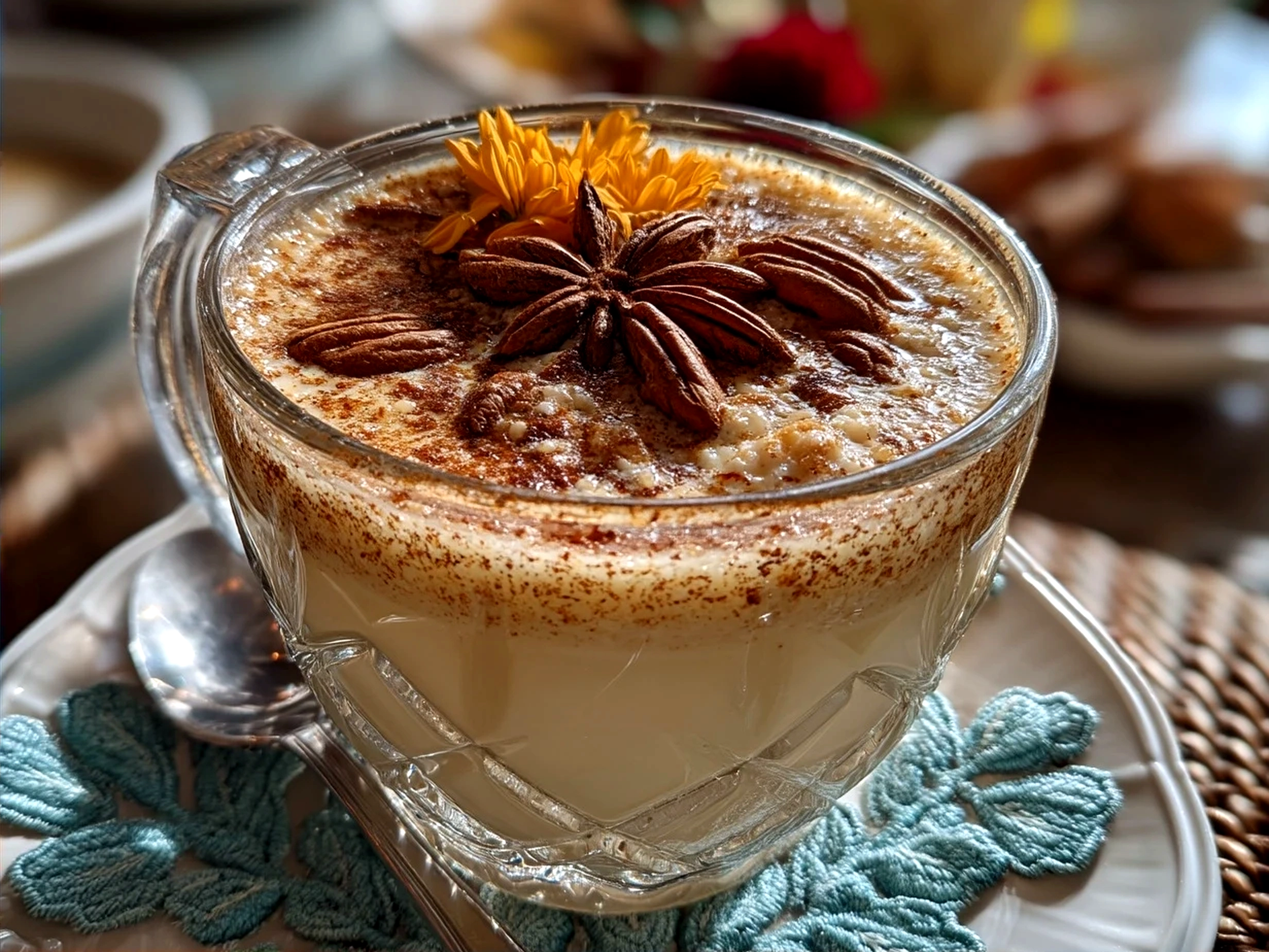 Glass of Puerto Rican Coquito garnished with cinnamon stick