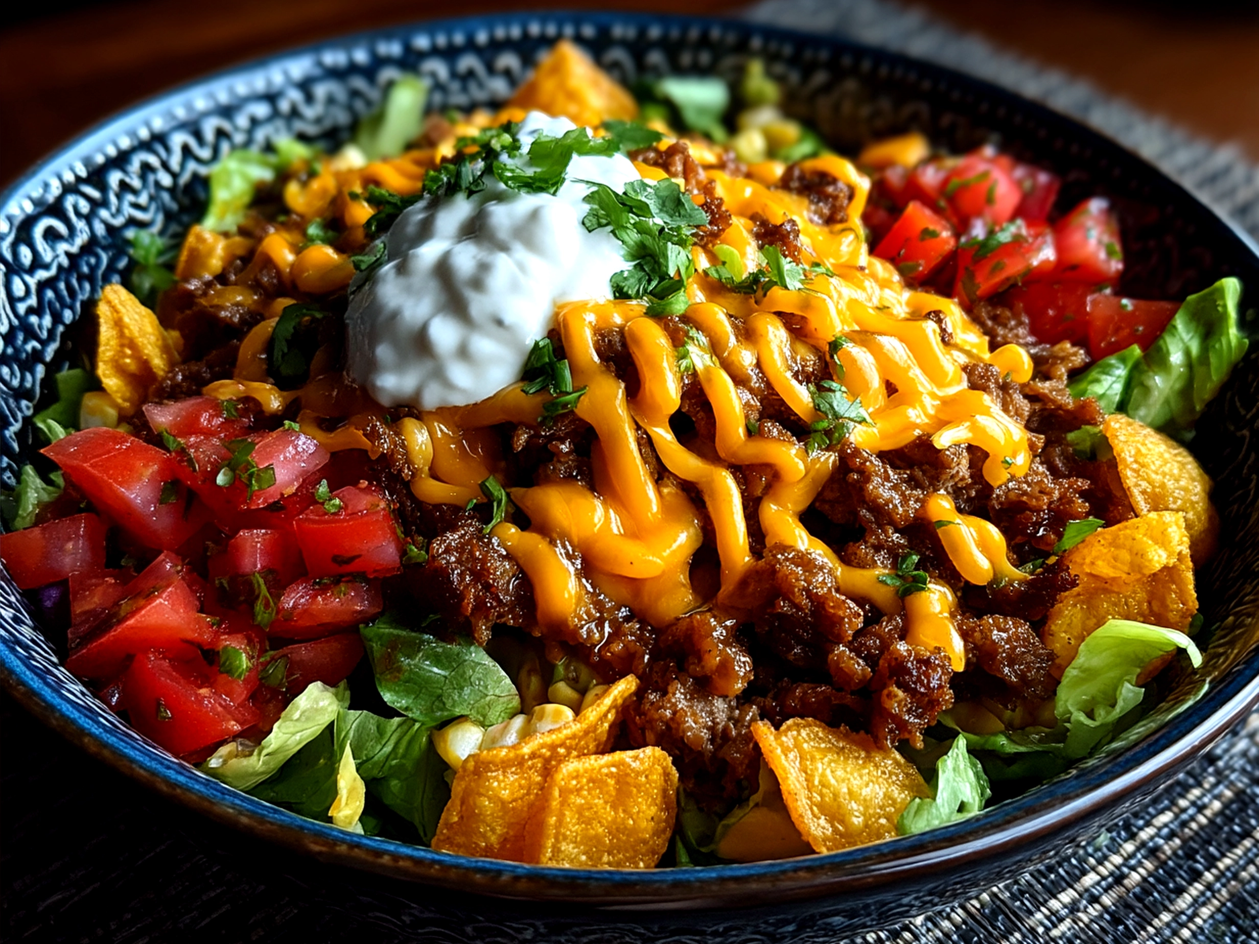 Final serving of Ranch Taco Party Bowl with garnishes