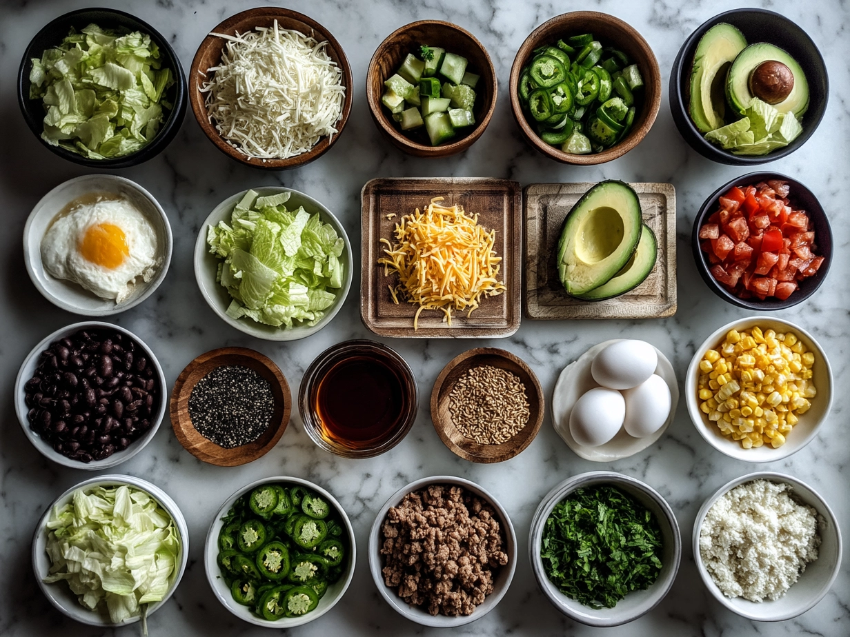 Ingredients laid out for Ranch Taco Party Bowl