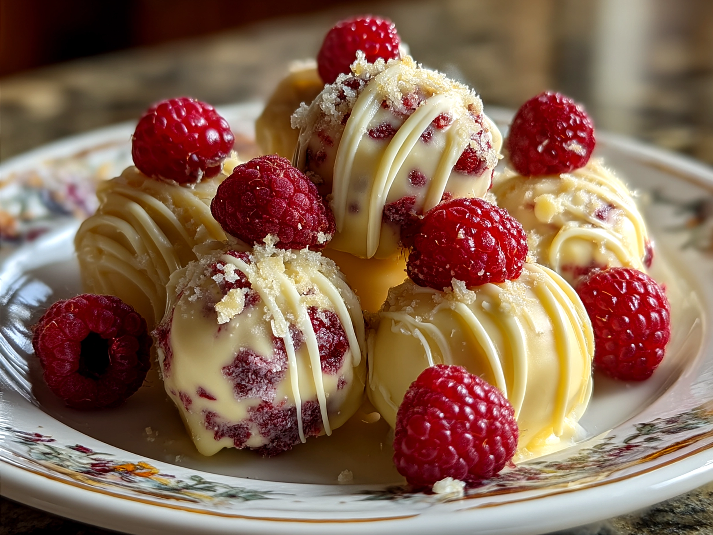 Freshly made Raspberry Cheesecake Truffles on a serving platter