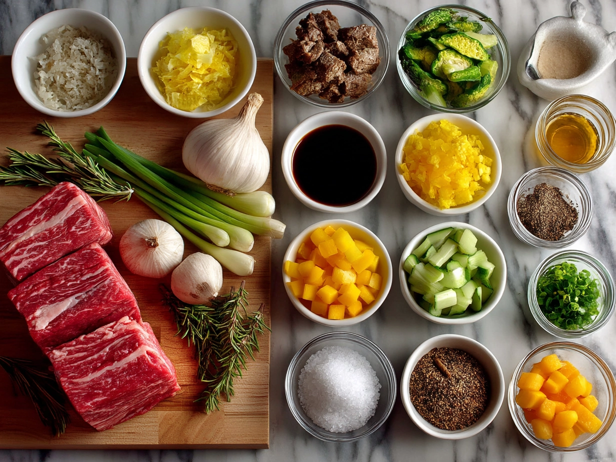 Raw ingredients for Korean Pot Roast neatly arranged on white marble surface