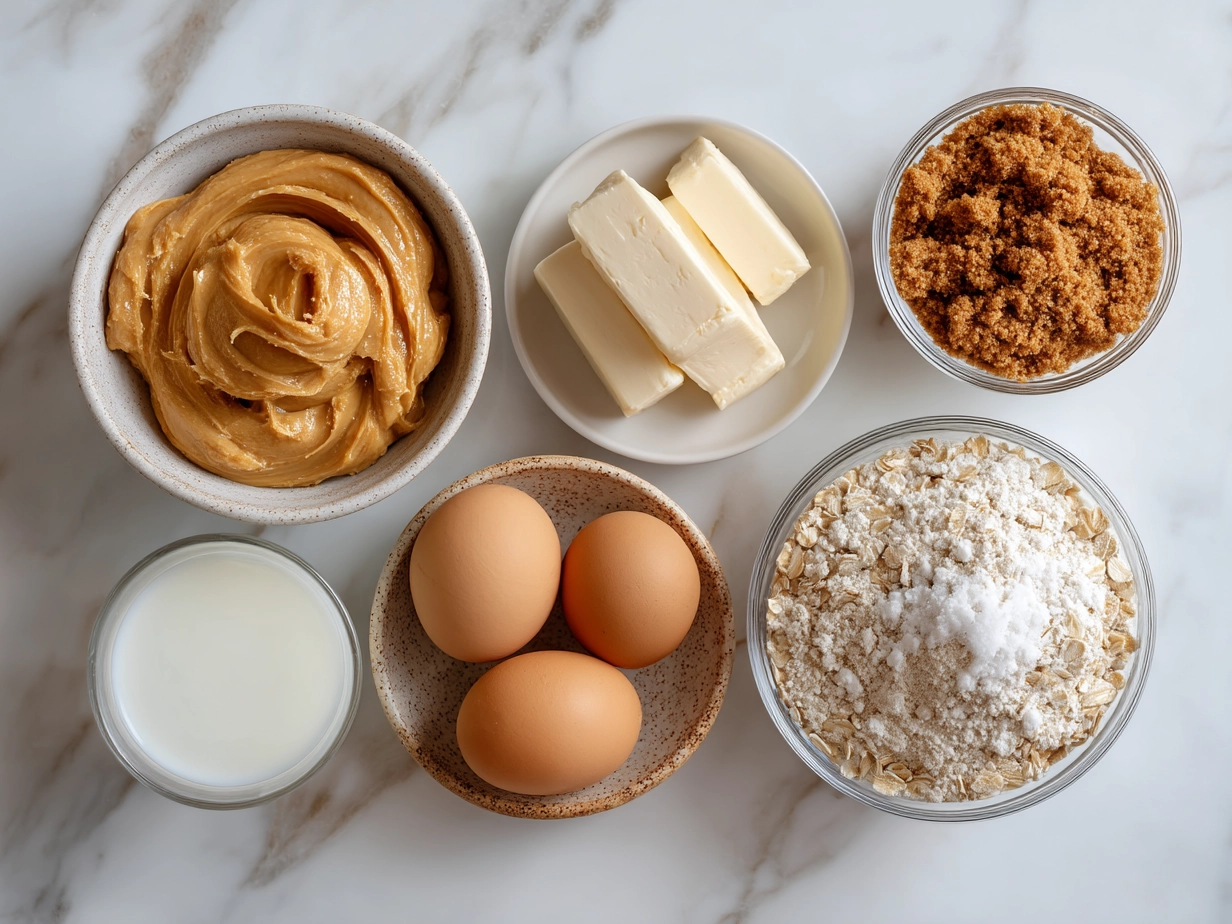 Raw ingredients for peanut butter cookies on marble surface
