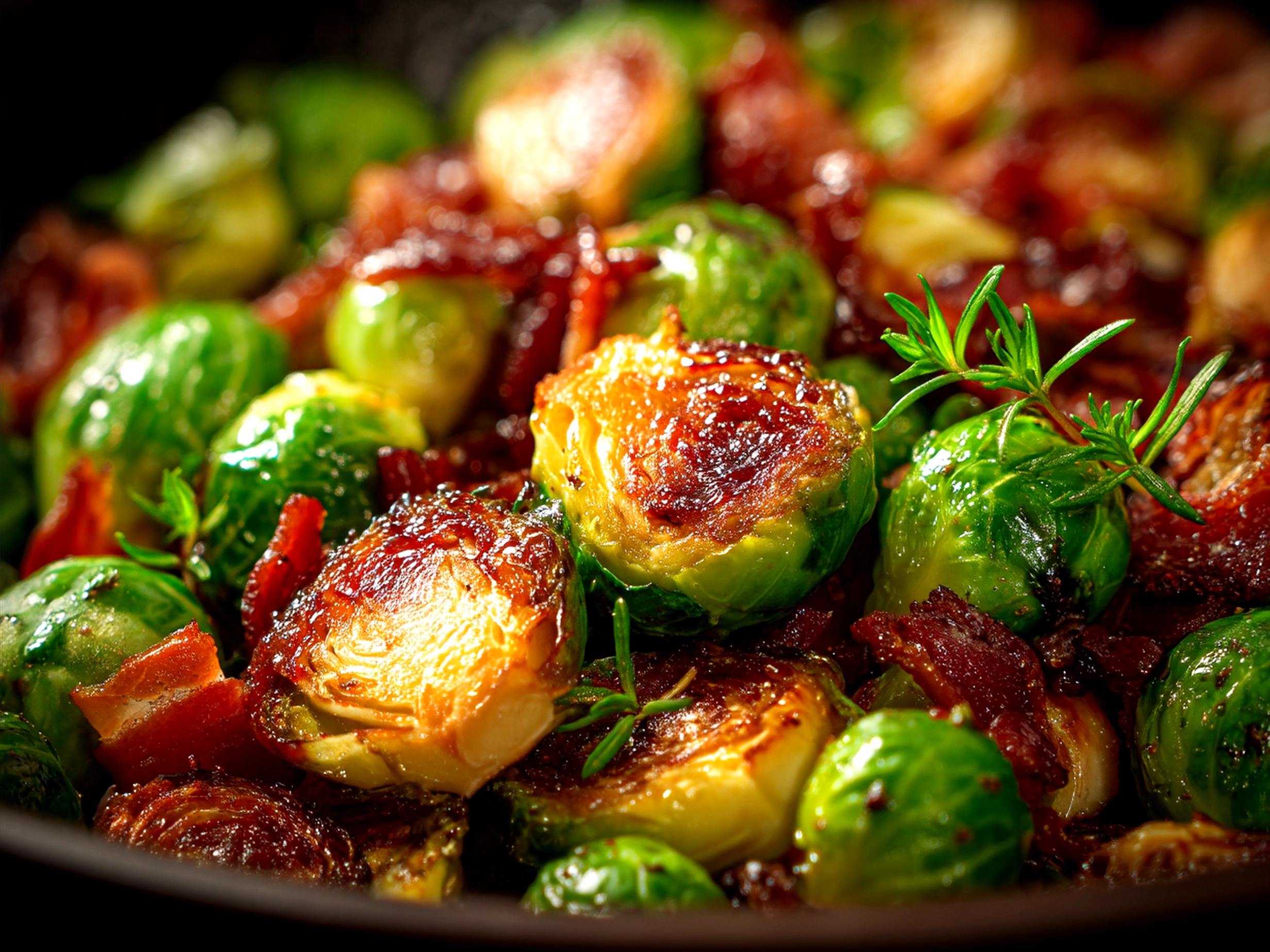 Served Roasted Brussels Sprouts with Bacon and Balsamic Glaze