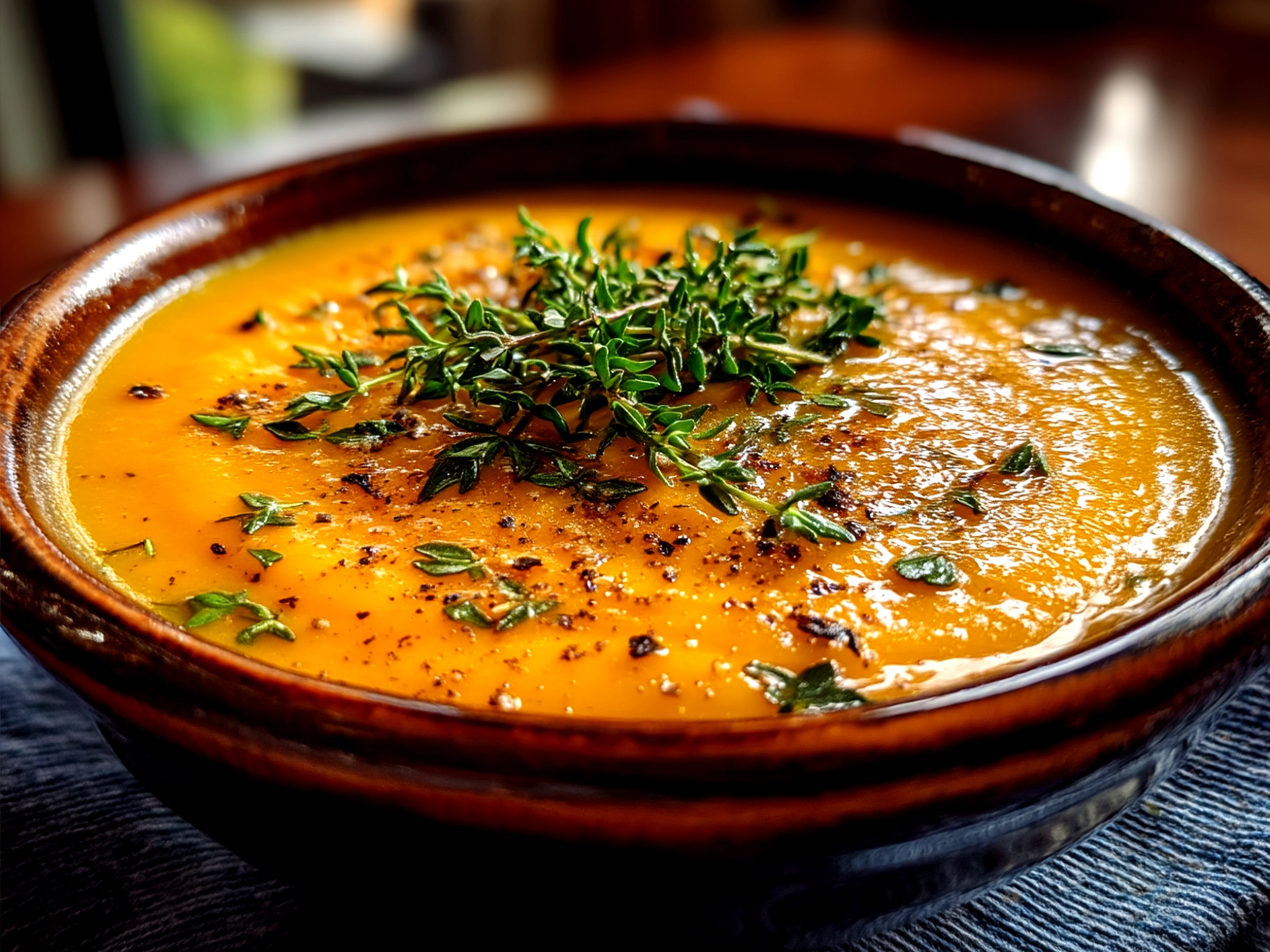 Serving Roasted Parsnip Soup with Thyme garnished with fresh thyme and cream swirl