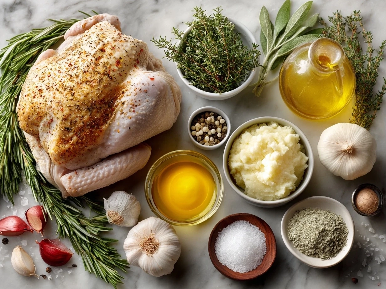 Ingredients for a delicious roast turkey including fresh herbs, butter, onion, lemon, and spices