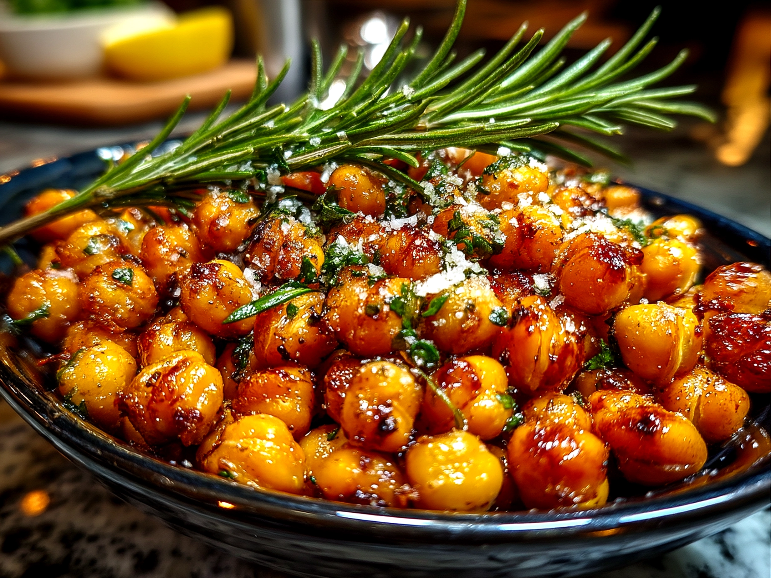 A bowl of crispy rosemary lemon roasted chickpeas served as a snack