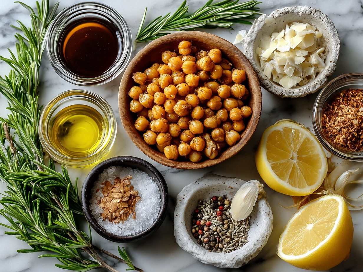 Ingredients for rosemary lemon roasted chickpeas including chickpeas, rosemary, lemon, and spices