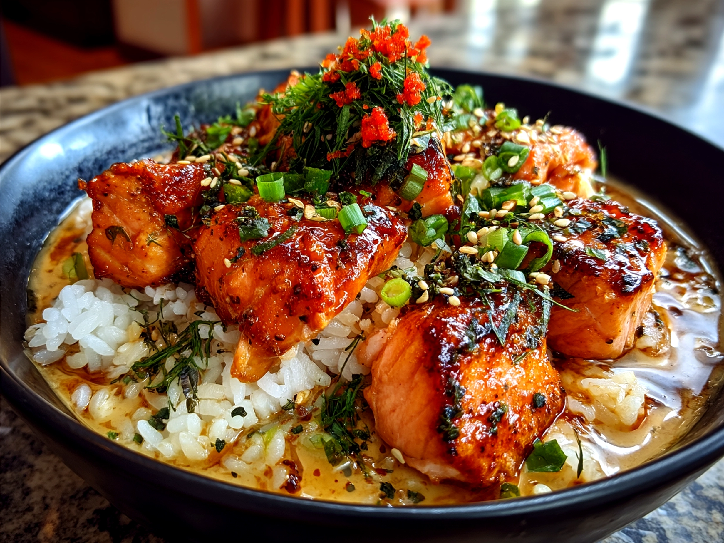 Salmon Rice Bowl served in a bowl with fresh avocado, carrot, cucumber, and teriyaki glazed salmon