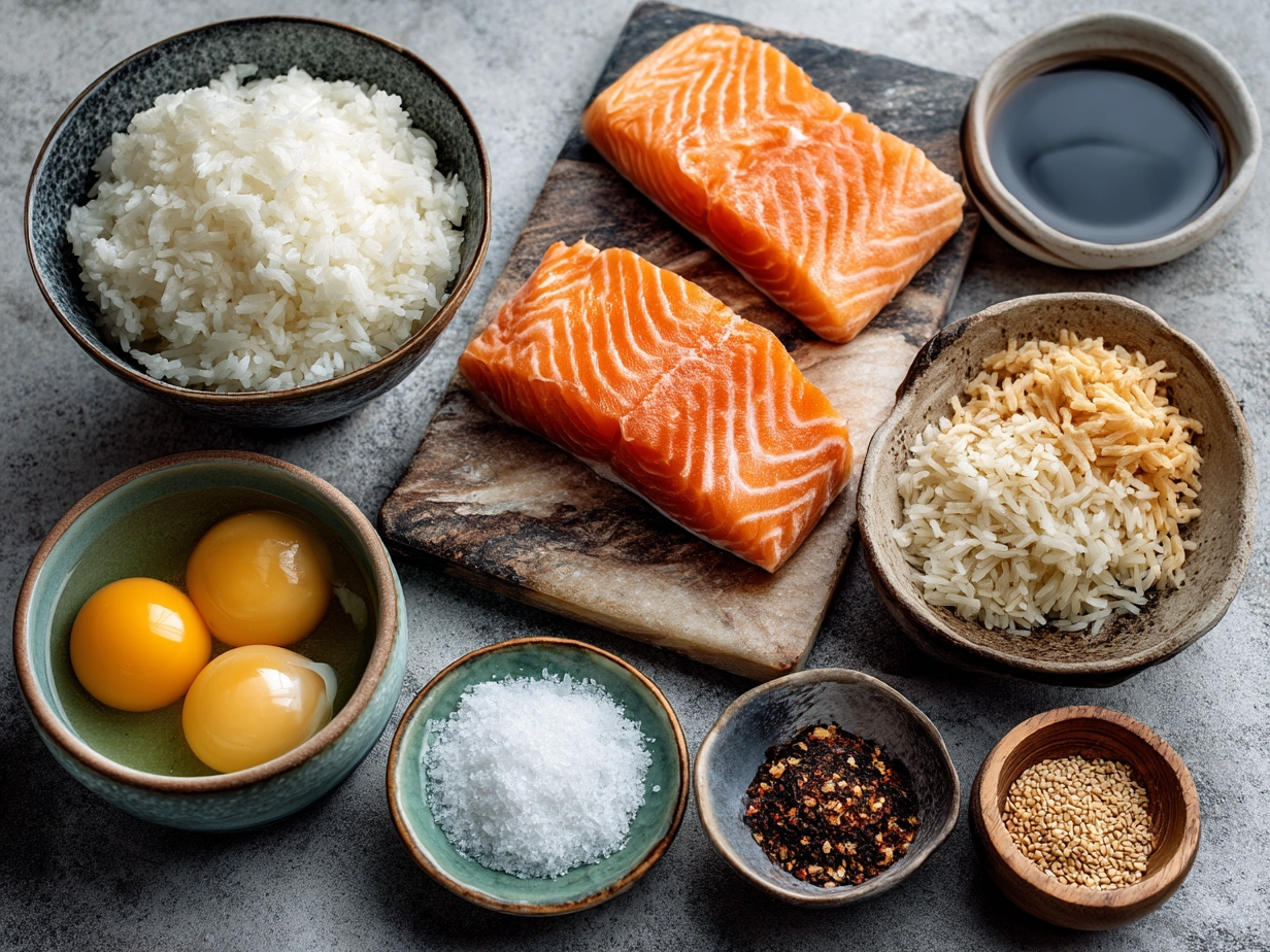 Fresh ingredients for Salmon Rice Bowl laid out on kitchen counter