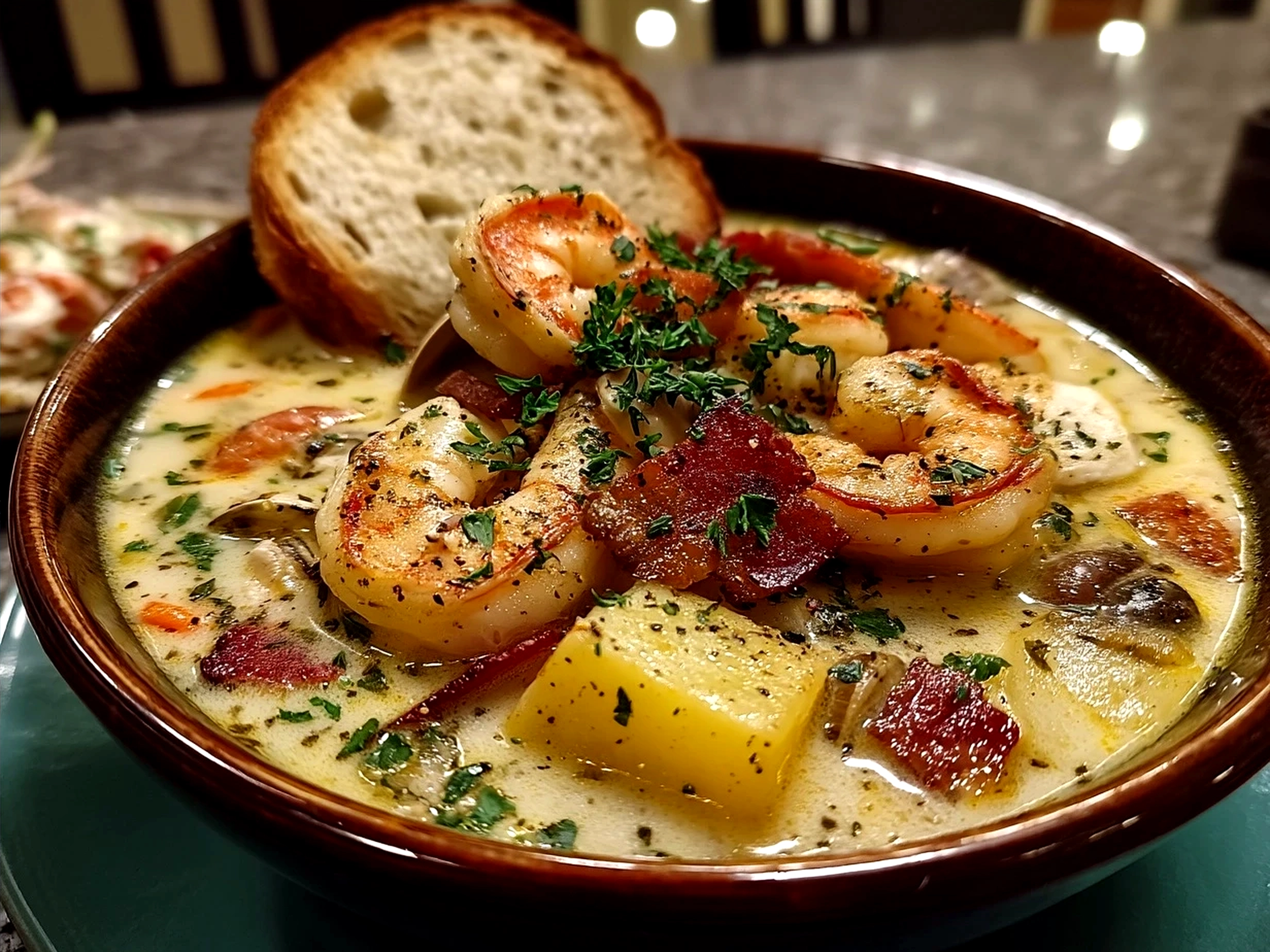 Creamy seafood chowder served in a bowl with garnishes