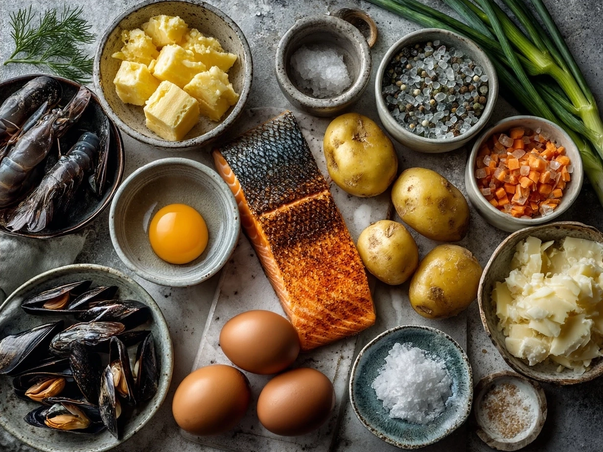 Ingredients laid out for making creamy seafood chowder