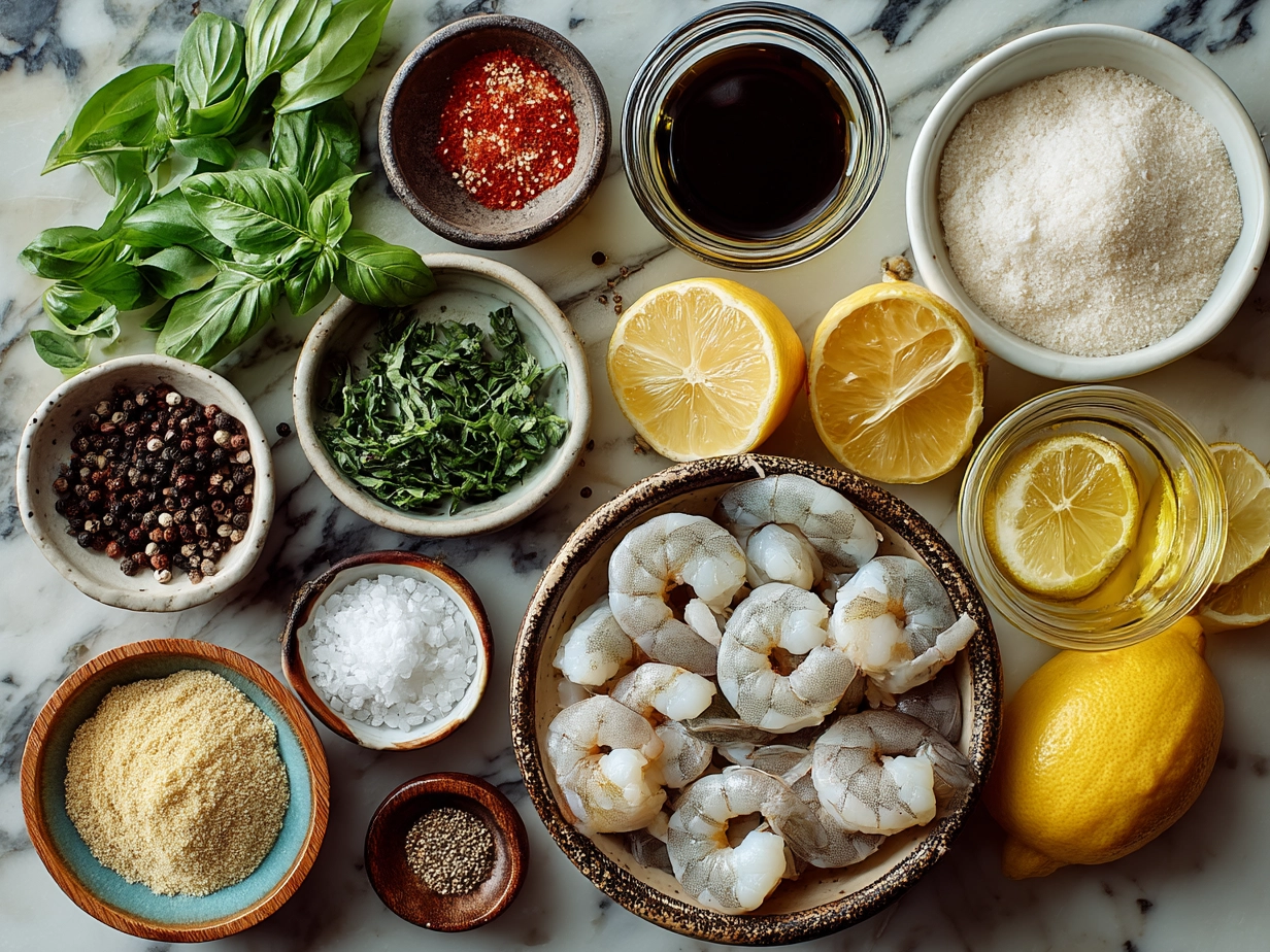 Ingredients for Shrimp Scampi Nourish Bowl displayed on a table with fresh shrimp, garlic, lemon, spinach, avocado, cherry tomatoes, and quinoa.