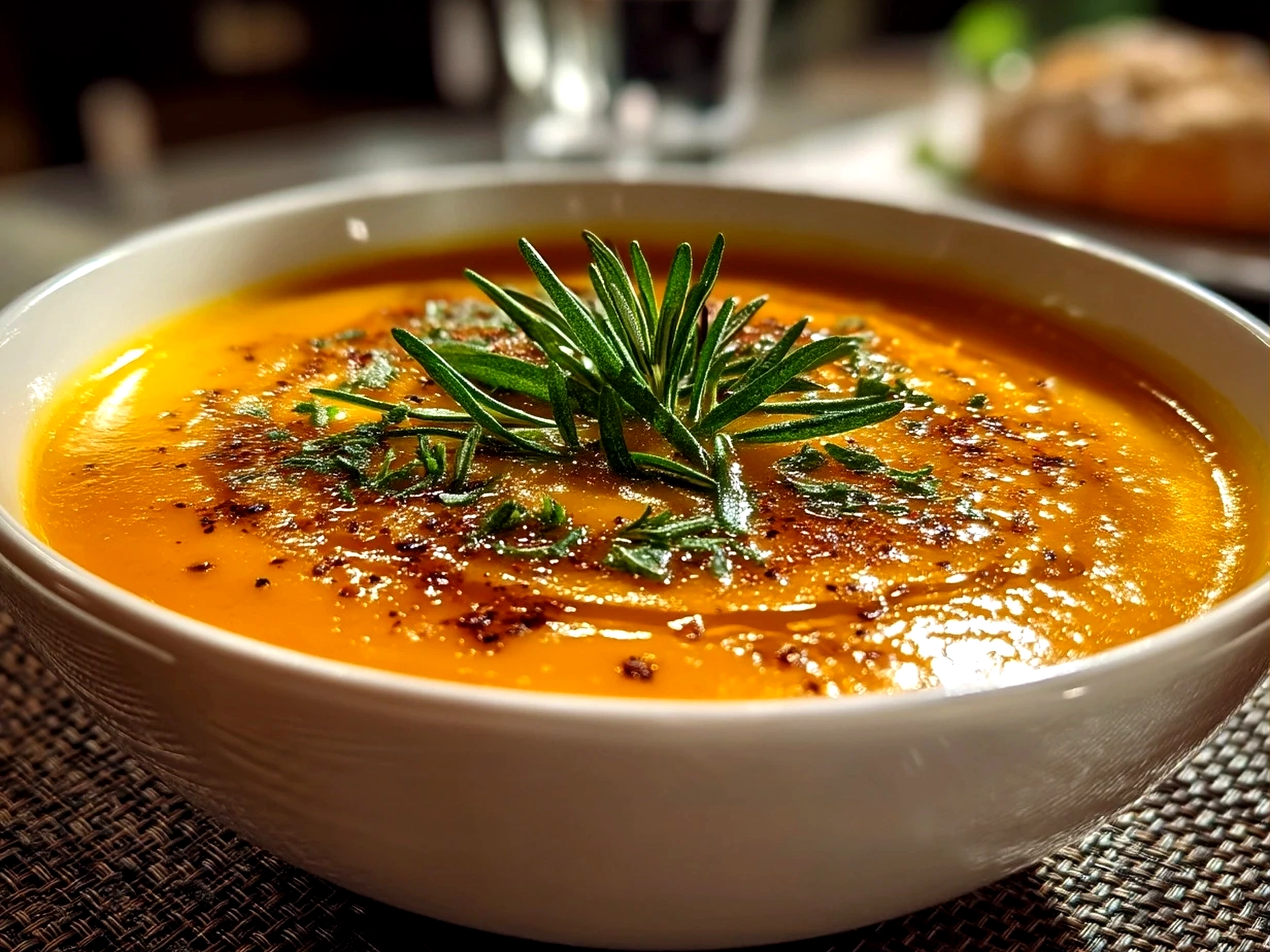Close-up of finished creamy Butternut Squash Soup garnished with fresh herbs