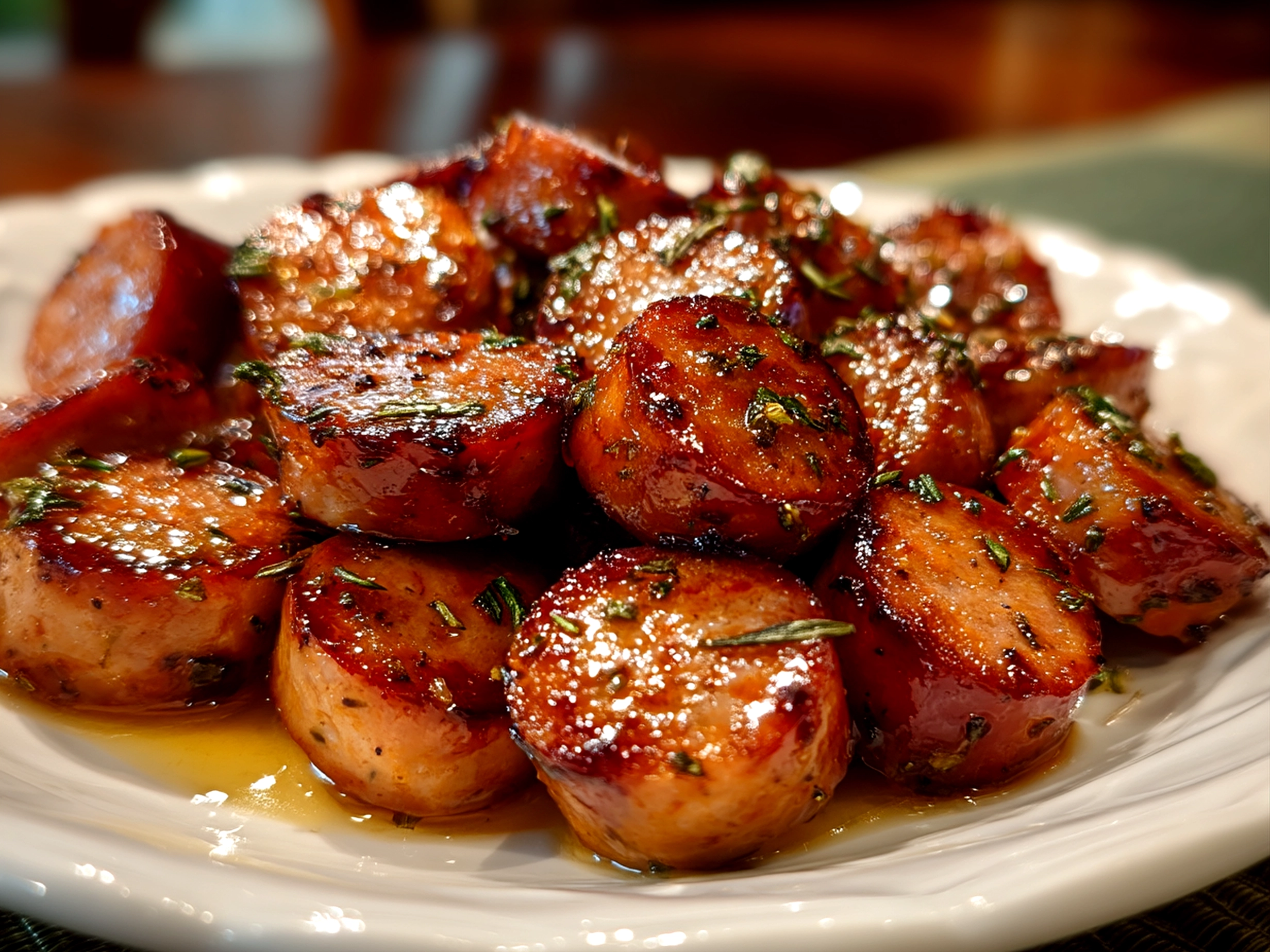 Slight angle close-up of finished candied kielbasa bites served on a plate