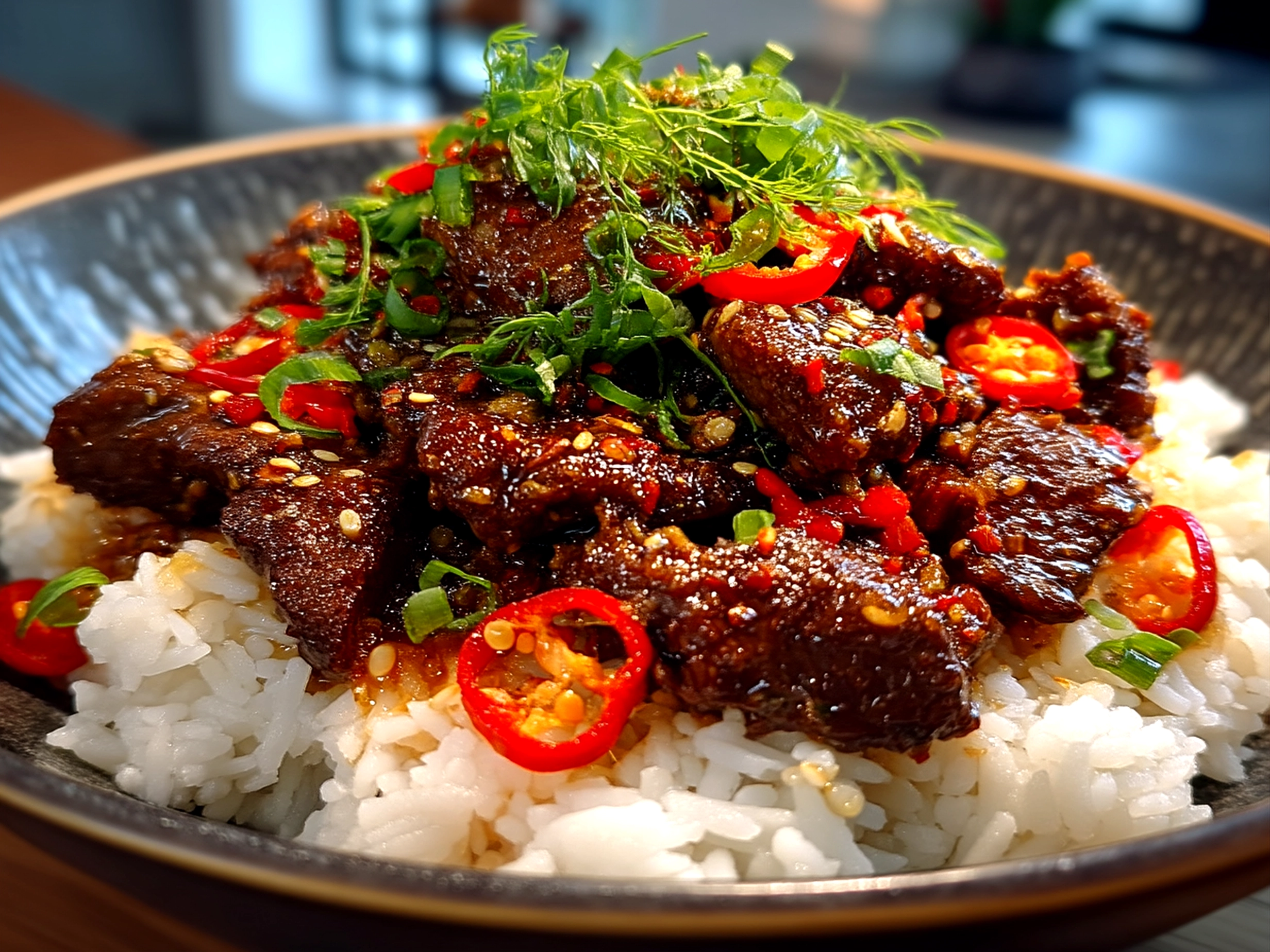 Slight angle close-up of finished comforting Crispy Chilli Beef