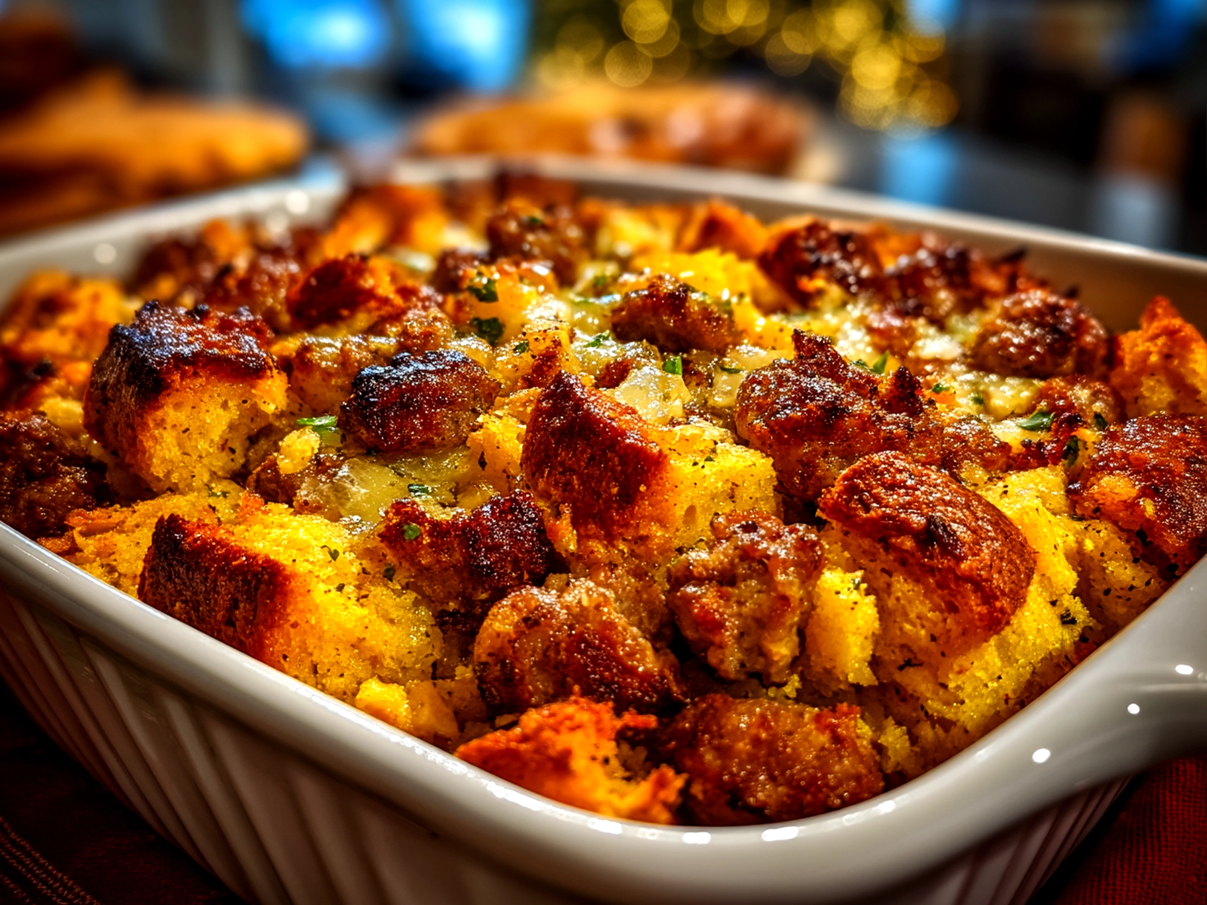 Slight angle close up of finished comforting sausage southern cornbread stuffing