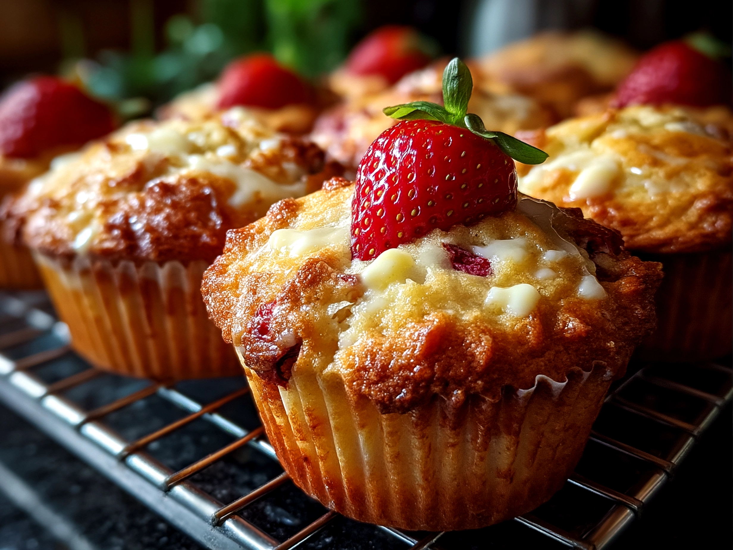 Slight angle close-up of freshly baked comforting strawberry white chocolate muffins