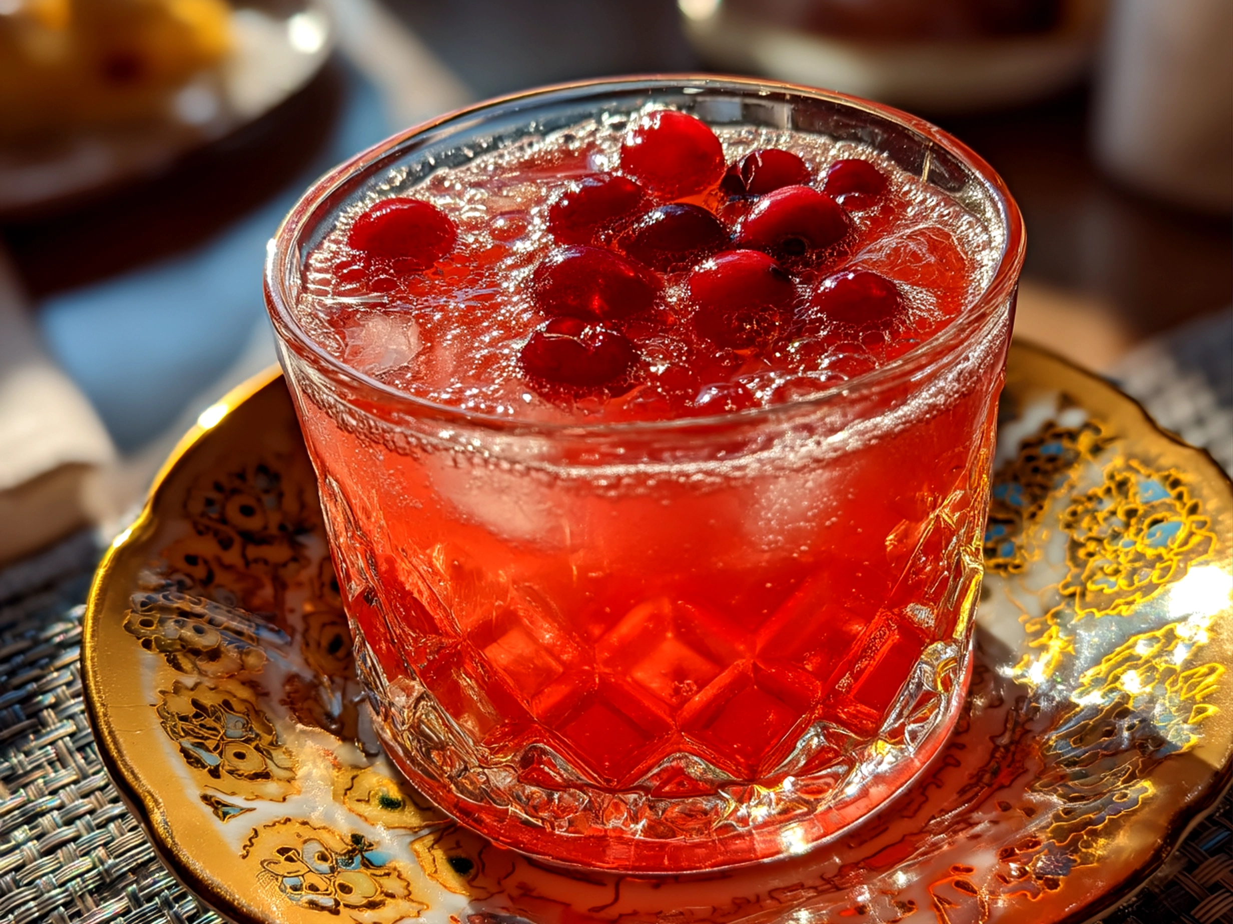 Slight angle close up of finished Cranberry Lemon Drop Cocktail with garnish