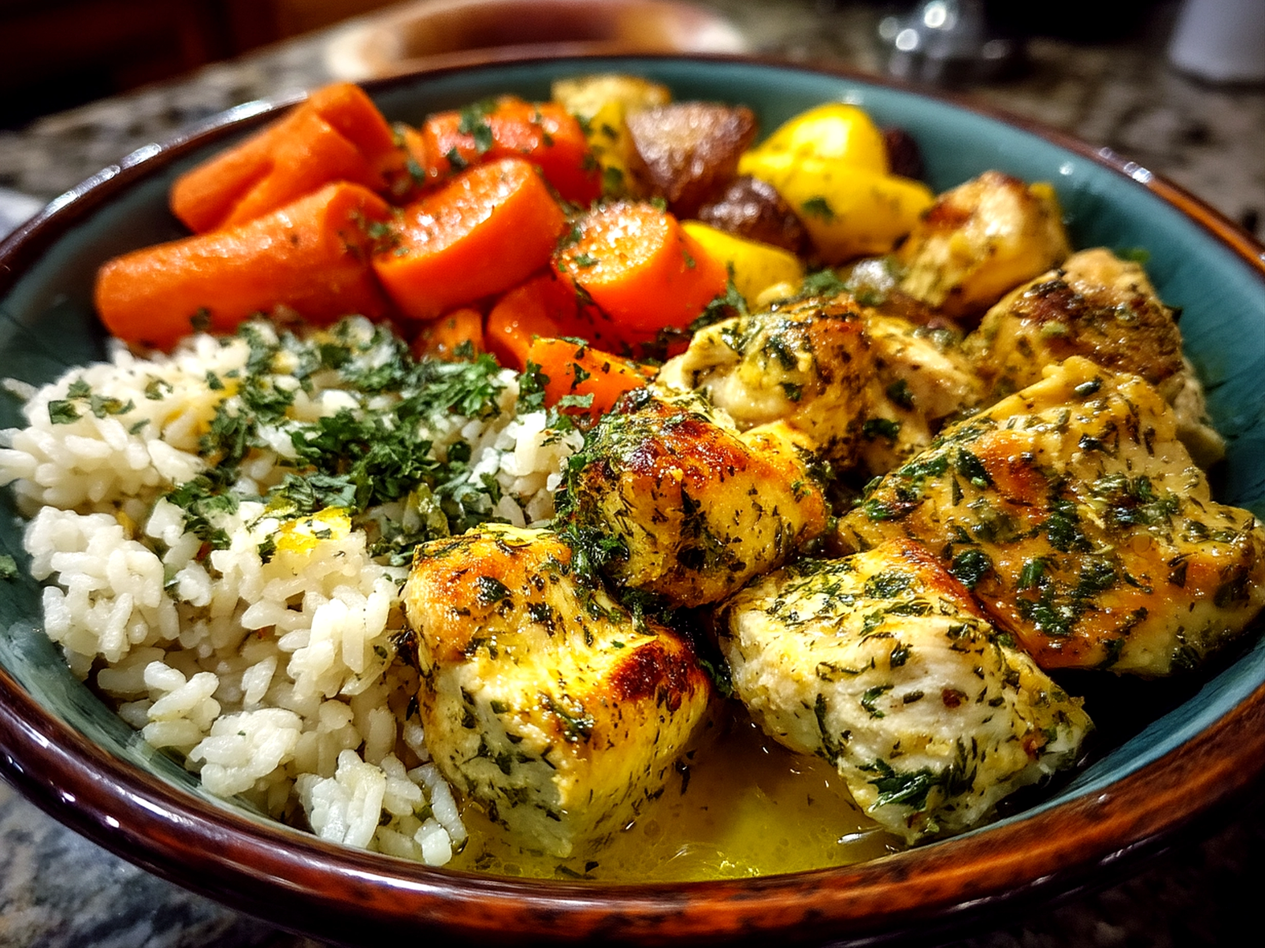 Close-up of finished Lemon-Herb Chicken Nourish Bowl ready to serve