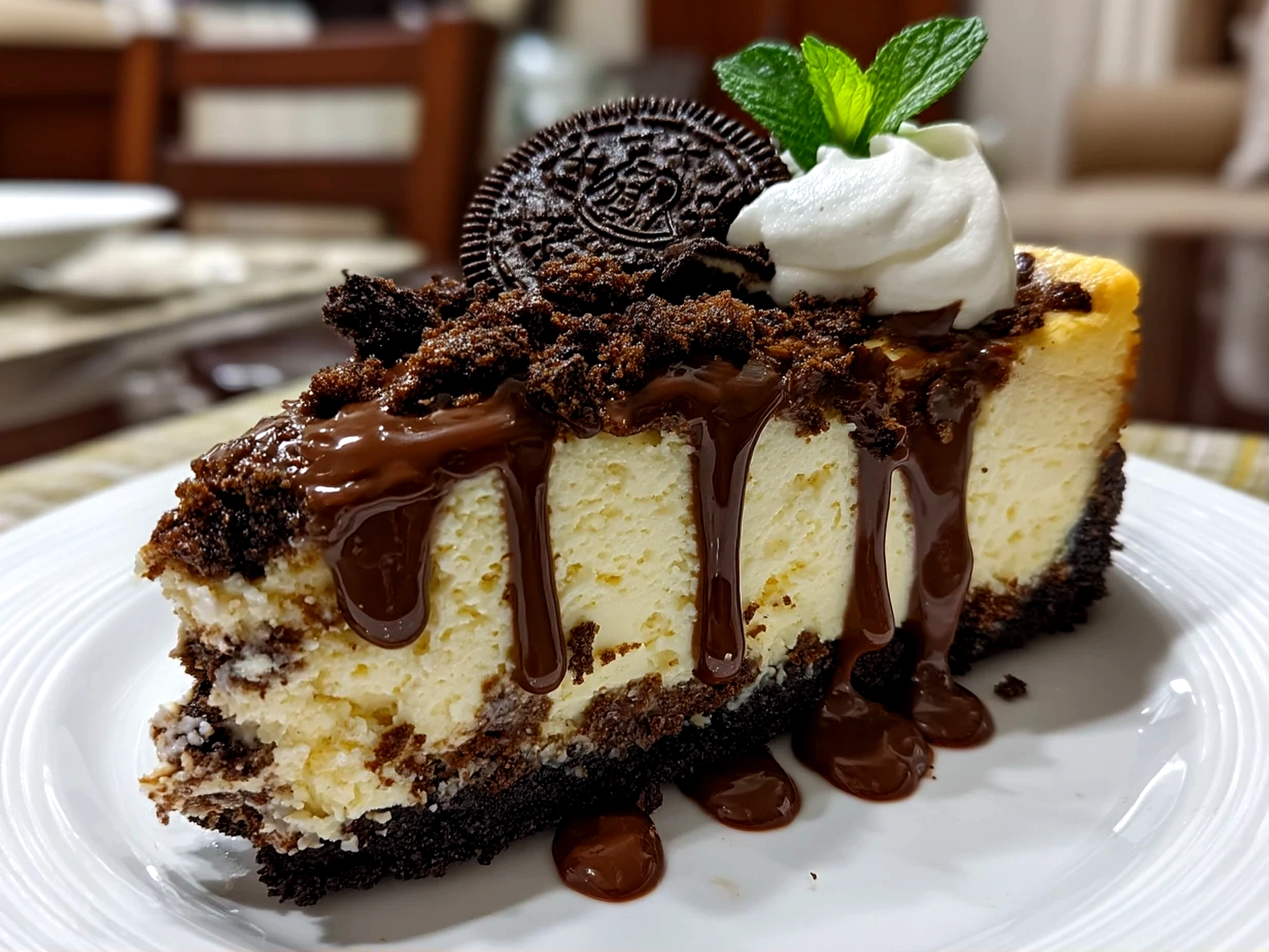 Slight angle close-up of finished Oreo Cheesecake with toppings
