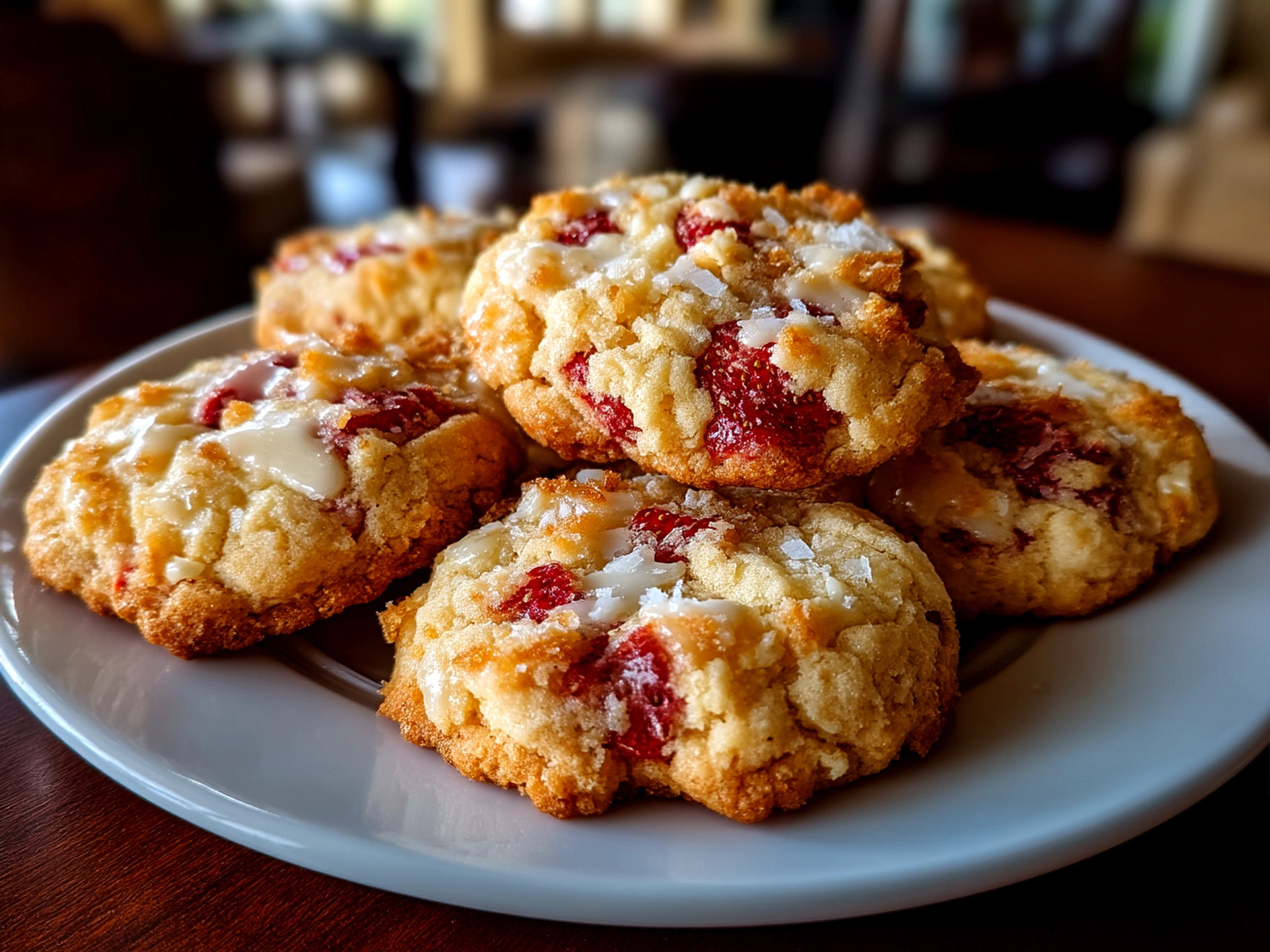 Slight angle close-up of finished Strawberry Crunch Cookies showing their golden crispness