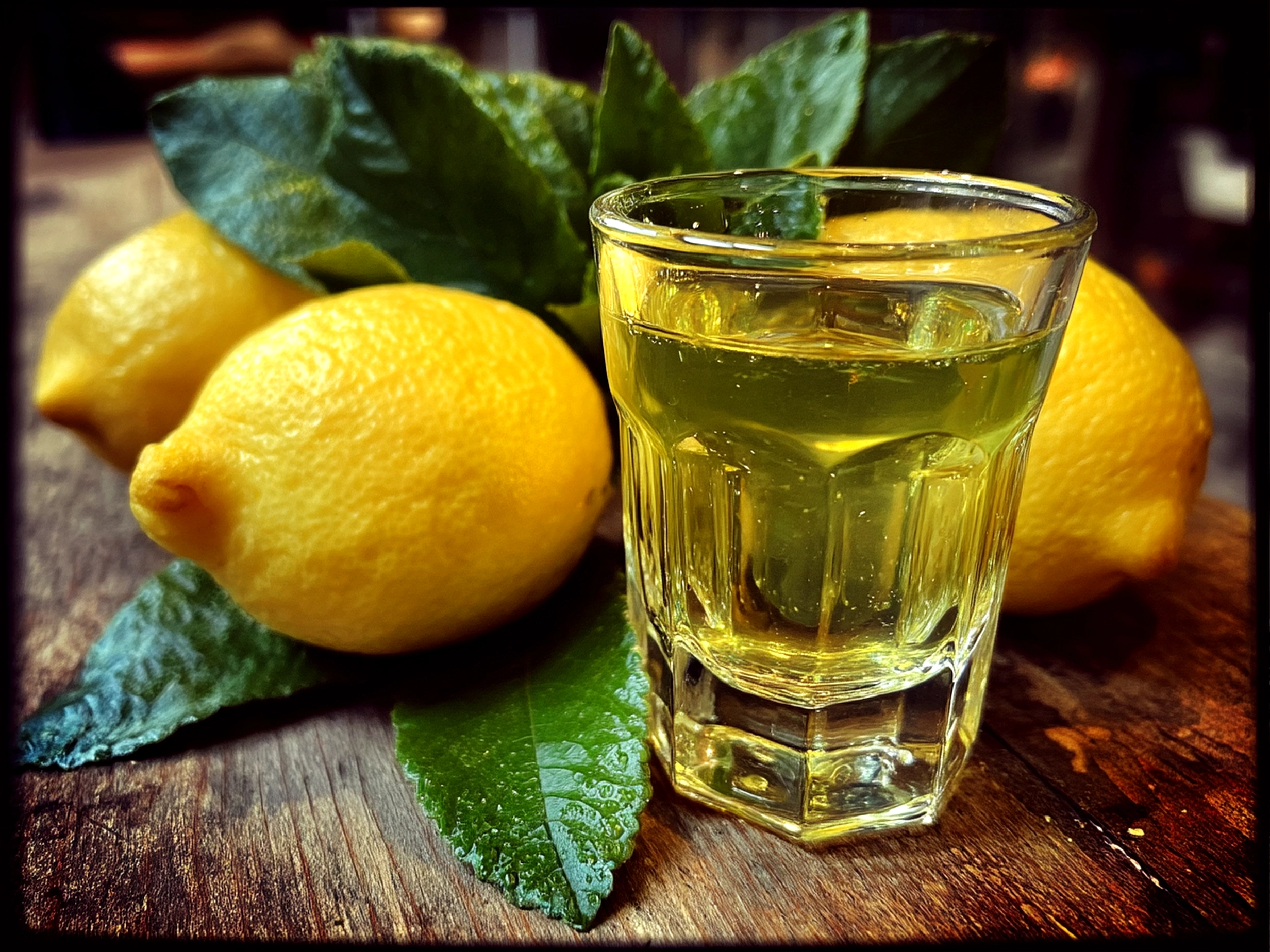 Slight angle close-up of beautiful limoncello with fresh lemon garnish
