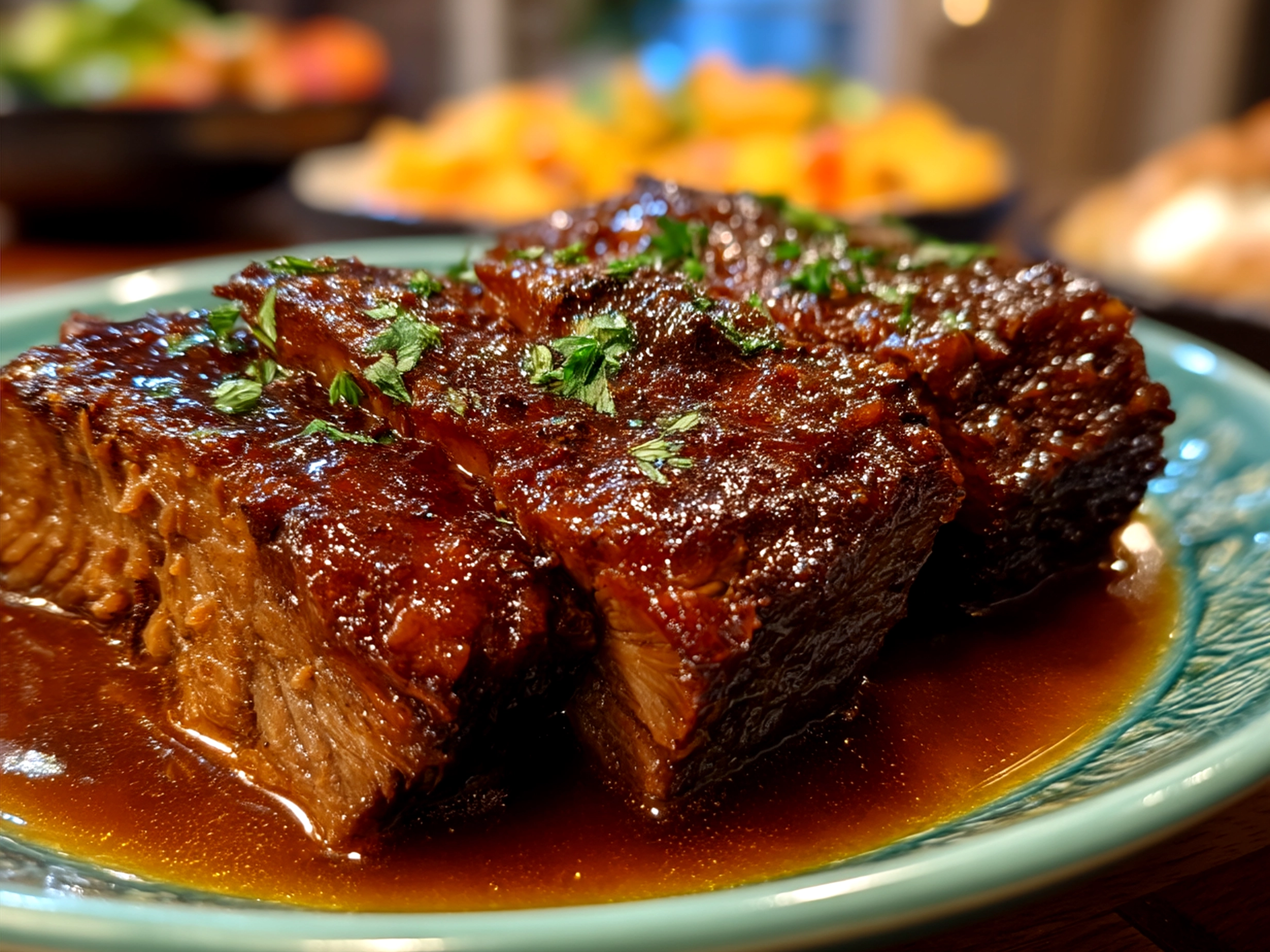 Slow Cooker Beef Brisket served with mashed potatoes and roasted vegetables