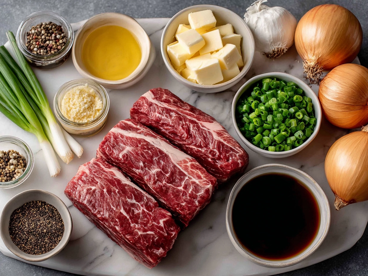 Ingredients for Slow Cooker Beef Brisket including beef brisket cut, onions, garlic, and spices