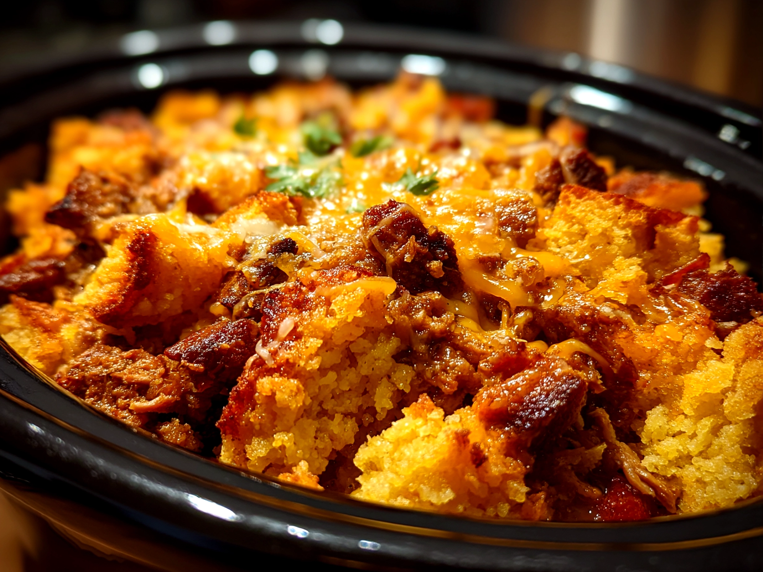 Slow Cooker Cowboy Casserole served in a bowl with cheese and greens
