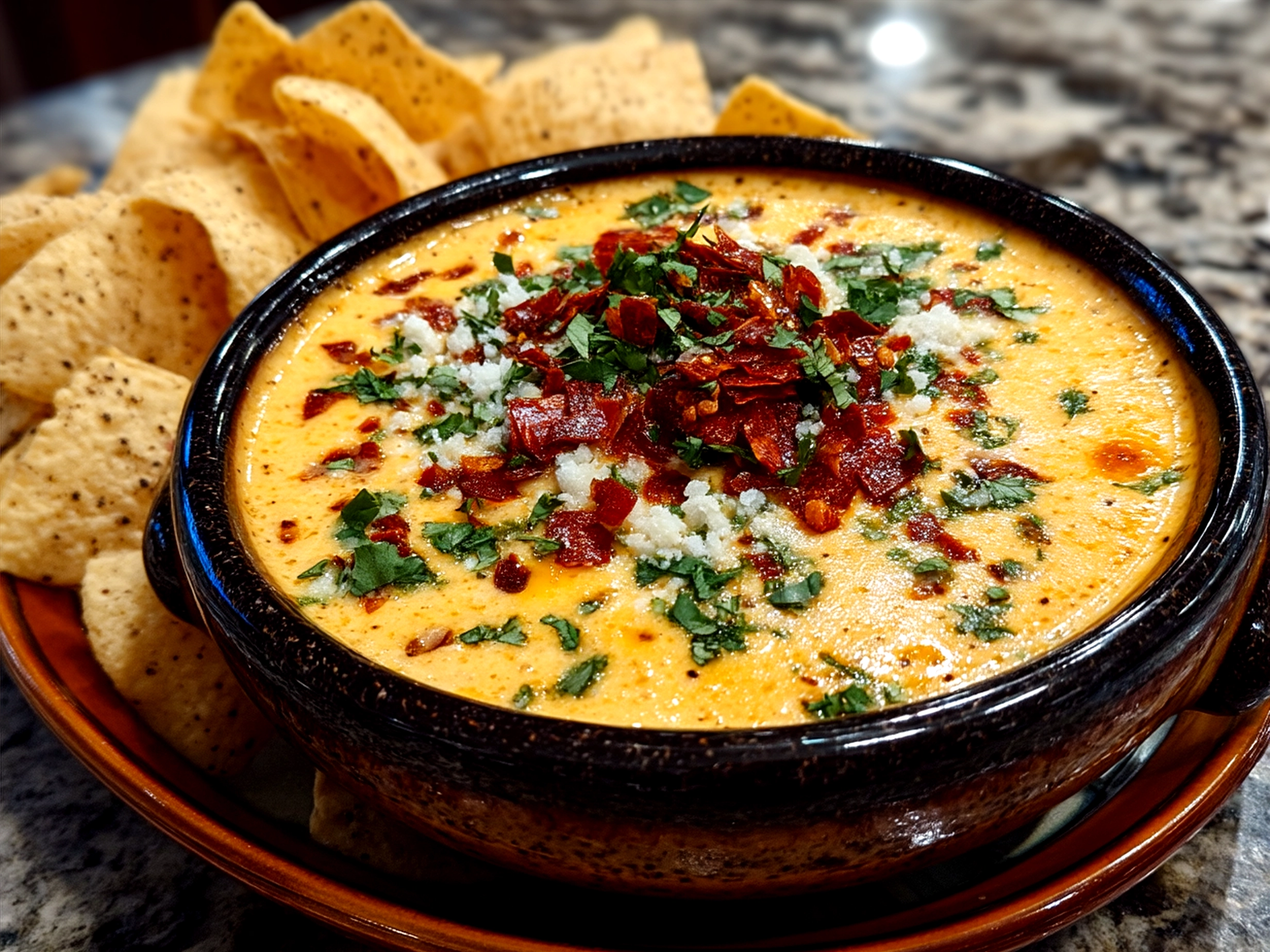 Slow Cooker Queso Dip served warm with tortilla chips