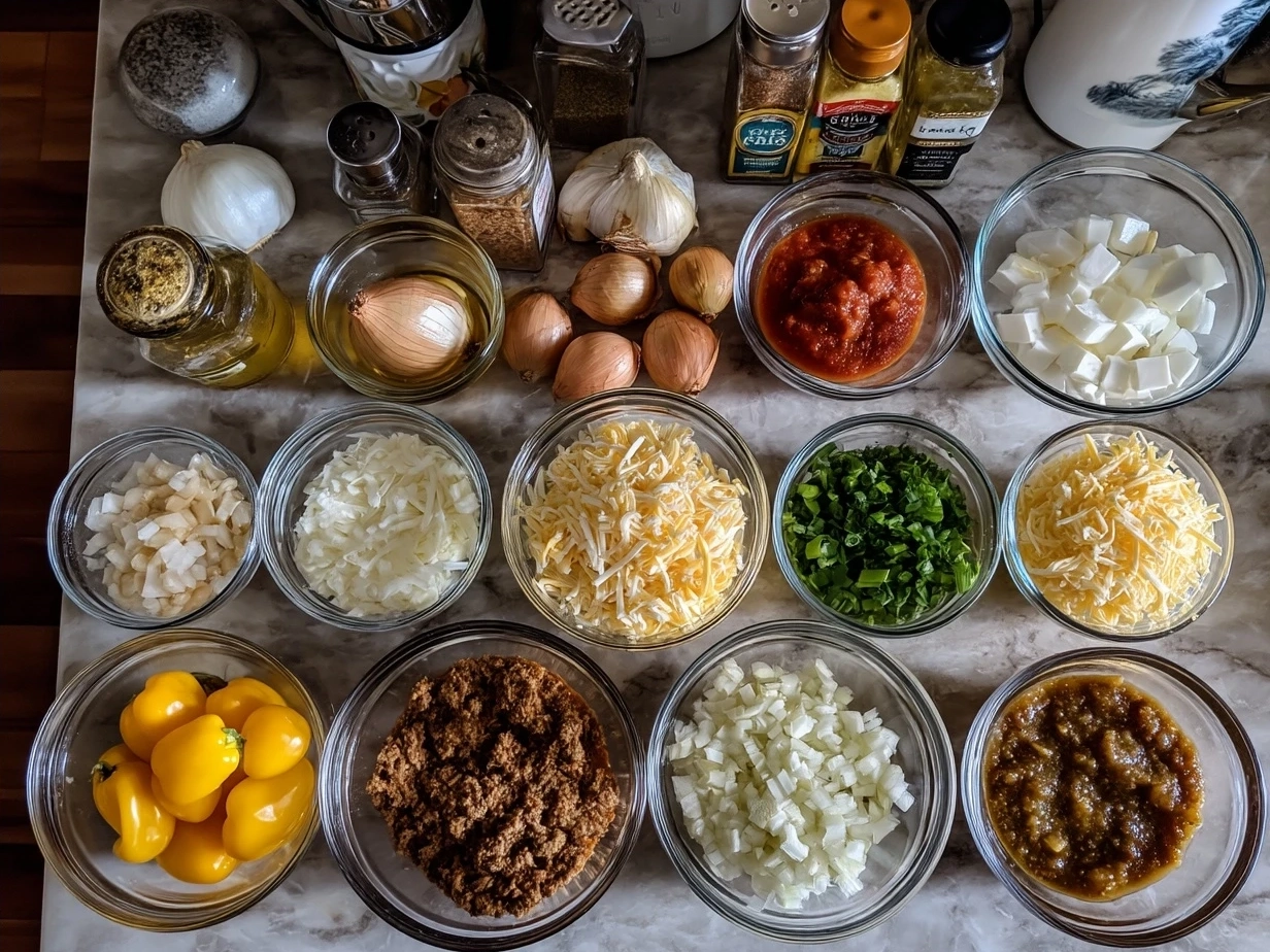 Ingredients for Slow Cooker Queso Dip including Velveeta, cheddar cheese, Ro-Tel, and taco seasoning