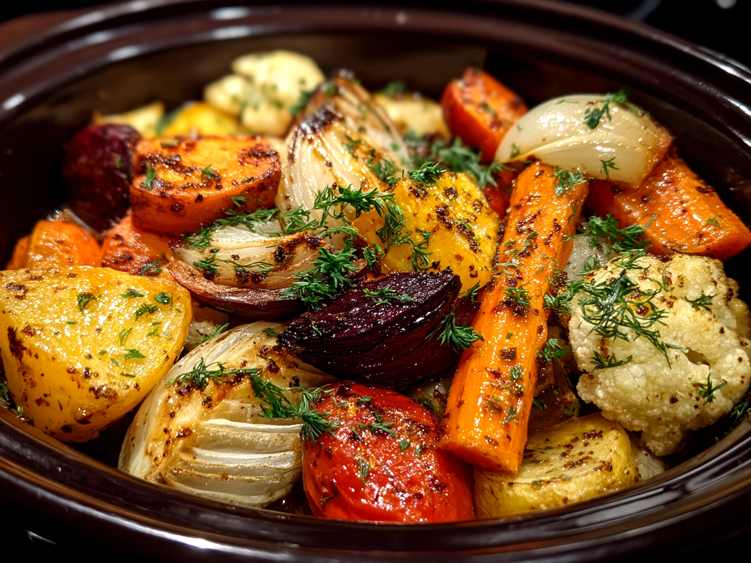 Slow Cooker Roasted Fall Vegetables served in a rustic wooden bowl garnished with fresh thyme