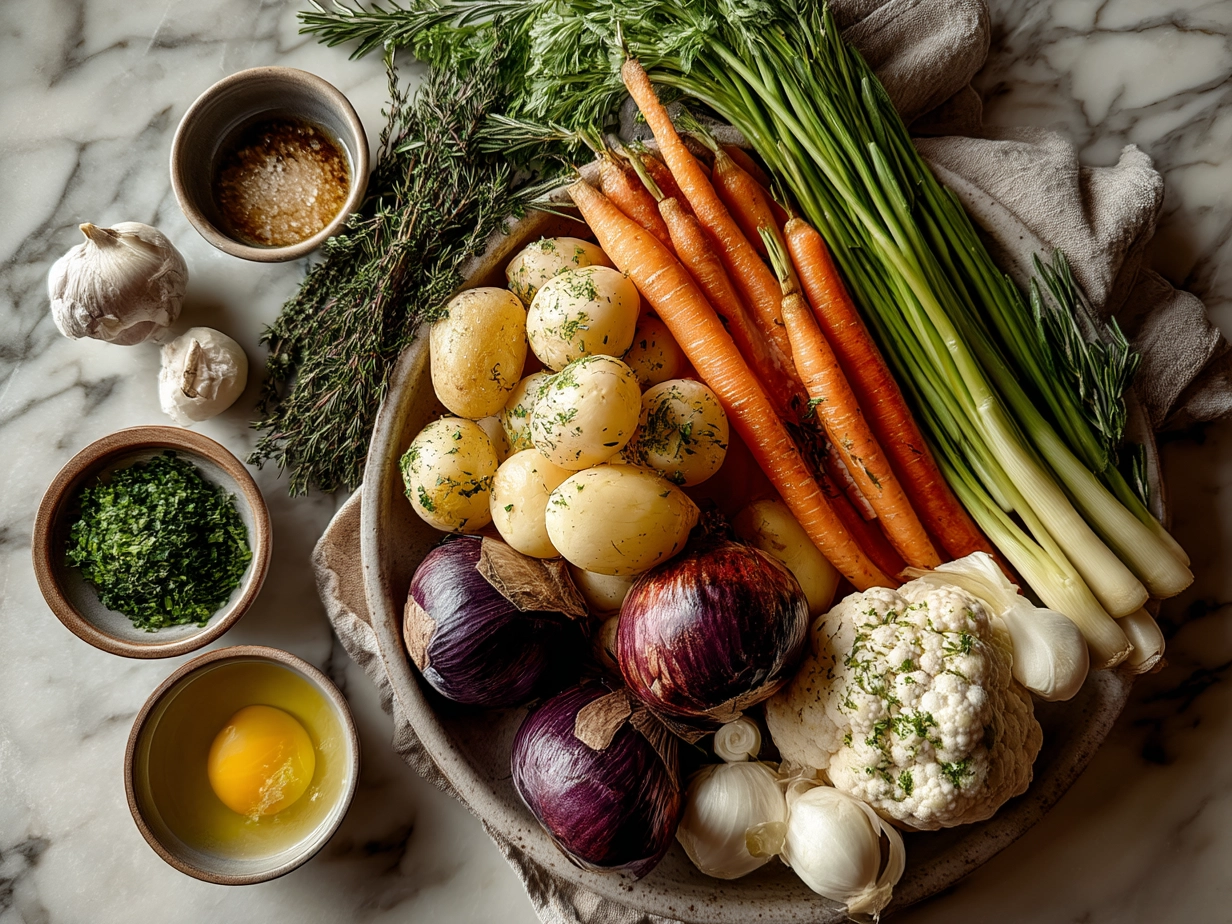 Ingredients laid out for Slow Cooker Roasted Fall Vegetables including carrots, sweet potatoes, parsnips, Brussels sprouts, red onion, garlic, and herbs