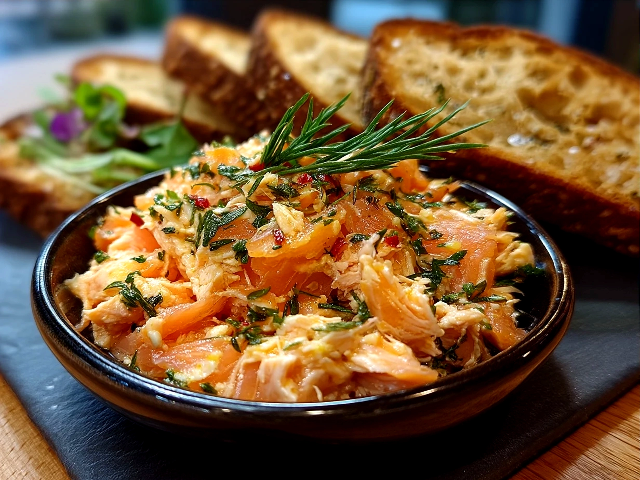 Creamy smoked salmon spread served with crackers, cucumber slices, and fresh dill