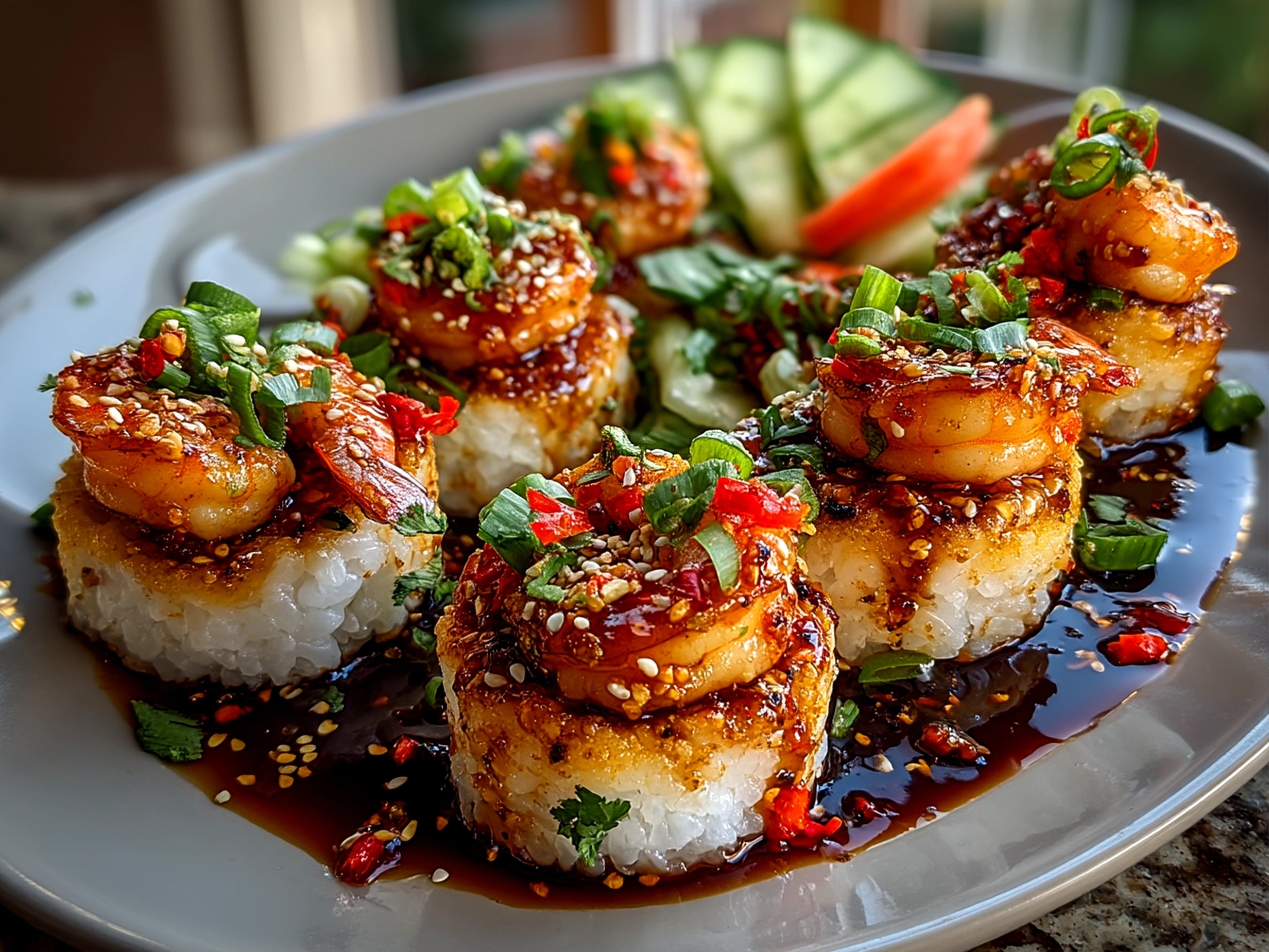 Delicious plated Spicy Shrimp Sushi Stacks with sesame seeds and avocado