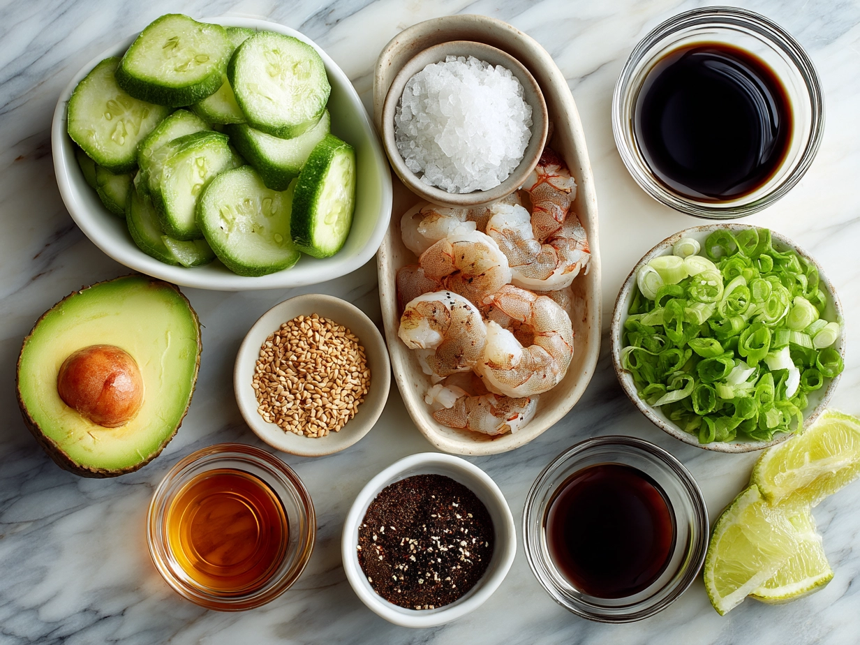 Ingredients for Spicy Shrimp Sushi Stacks including shrimp, sushi rice, avocado, cucumber, mayonnaise, and Sriracha