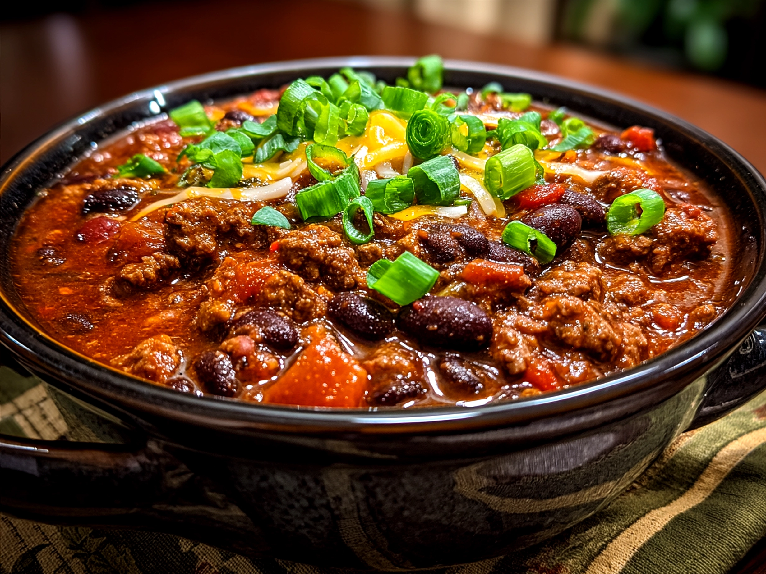 Finished bowl of Spicy Slow-Cooked Beef Chili with Black Beans served with garnishes