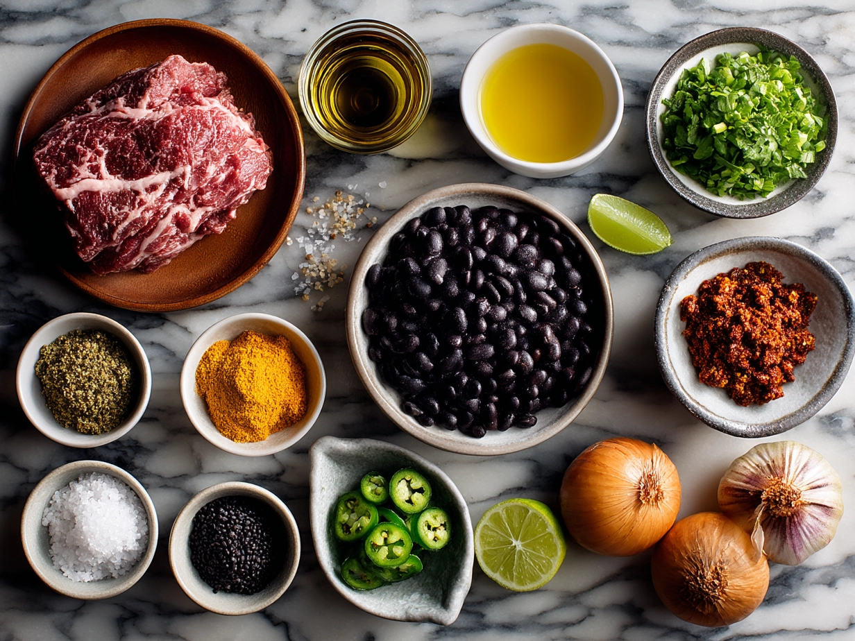 Ingredients for Spicy Slow-Cooked Beef Chili with Black Beans including beef, black beans, tomatoes, and spices