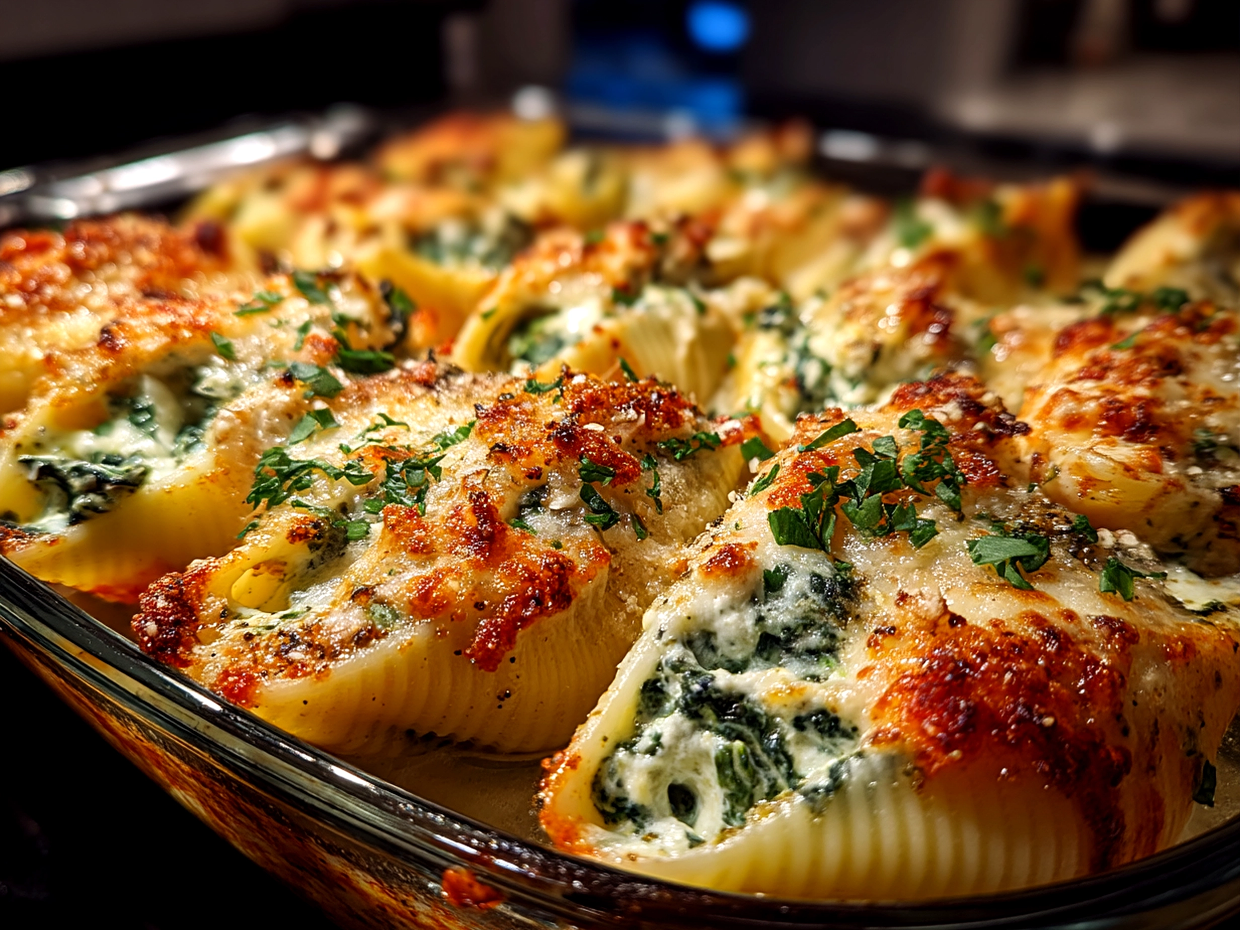 Served Spinach Ricotta Stuffed Shells with melted cheese and garnish