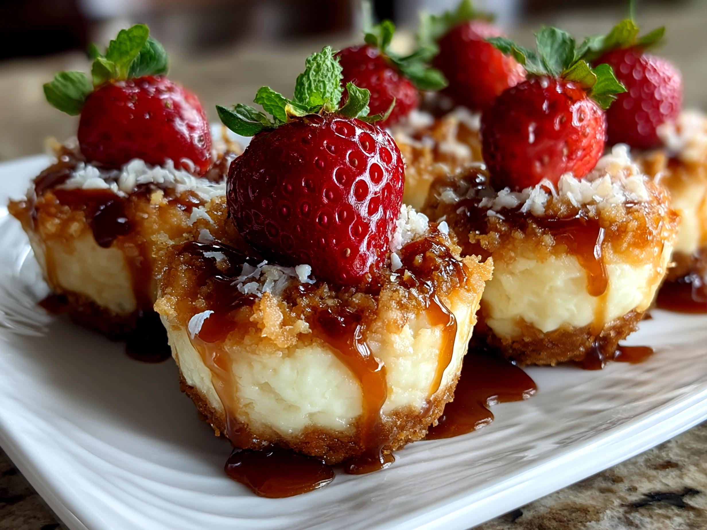 Platter of Strawberry Cheesecake Crunch Bites garnished with fresh strawberries and mint leaves
