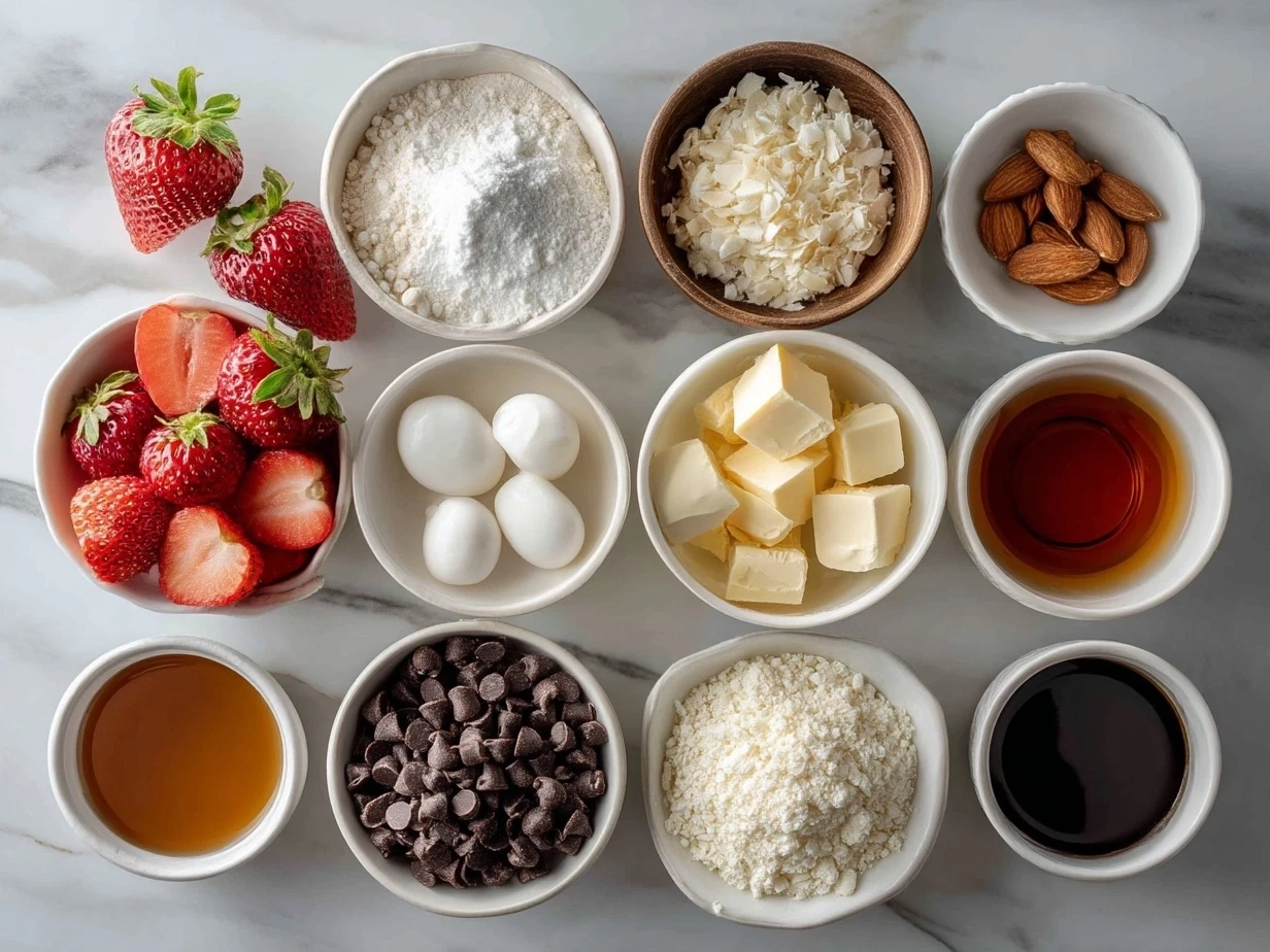 Ingredients for Strawberry Cheesecake Crunch Bites arranged on a wooden surface