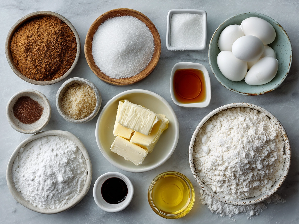 Ingredients for classic sugar cookies laid out on a kitchen counter