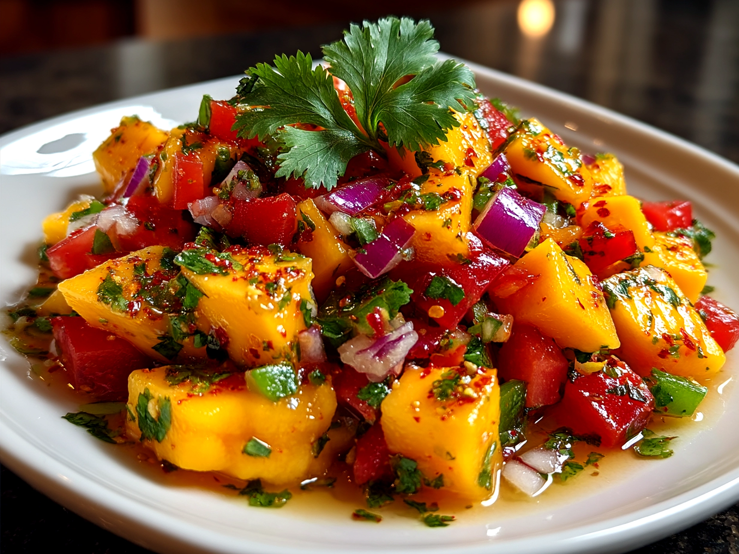 Fresh Summer Mango Salsa served in a bright bowl with tortilla chips and avocado on the side