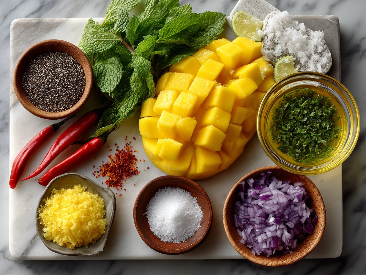 Ingredients for Summer Mango Salsa: diced mangoes, red bell pepper, jalapeño, red onion, cilantro, lime, and honey on a cutting board