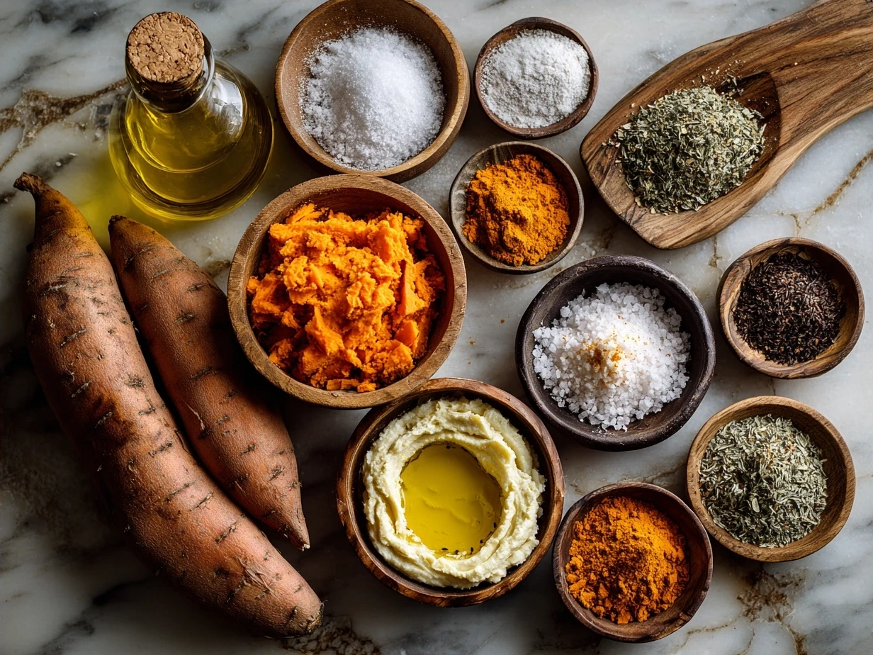 Ingredients for Sweet Potato Casserole including sweet potatoes, sugar, pecans, butter, and marshmallows