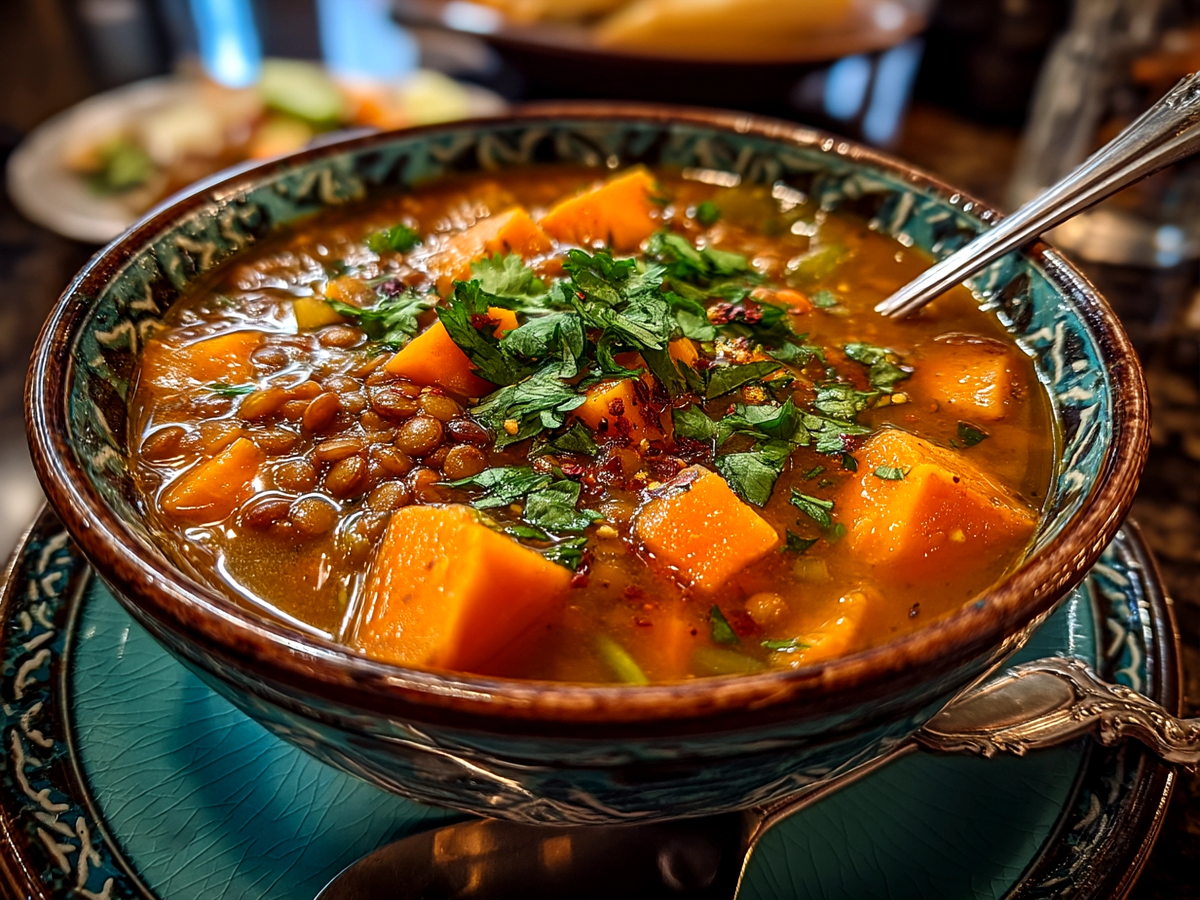 A bowl of Sweet Potato Lentil Stew served with crusty bread and fresh herbs