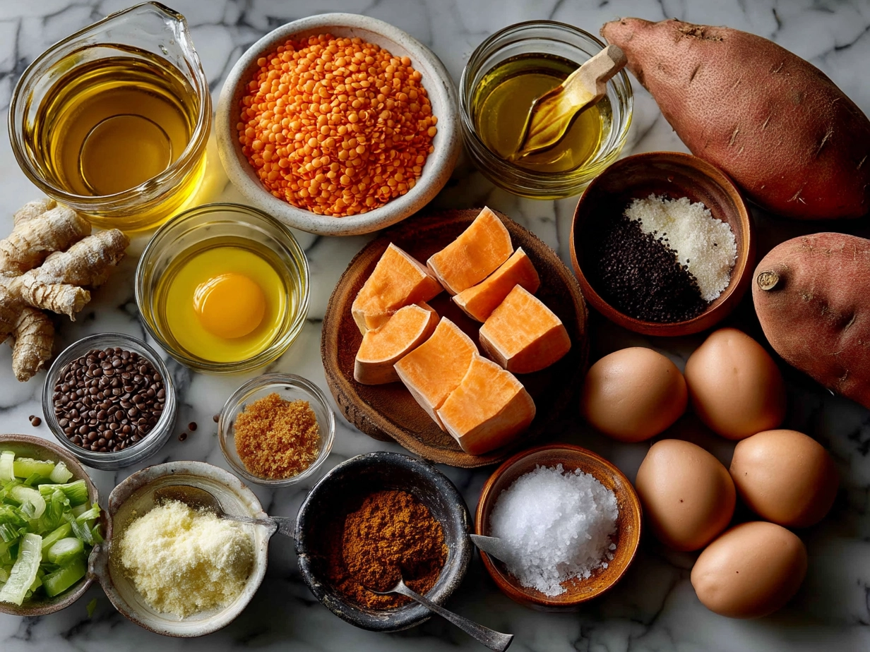 Ingredients for Sweet Potato Lentil Stew laid out on a kitchen counter