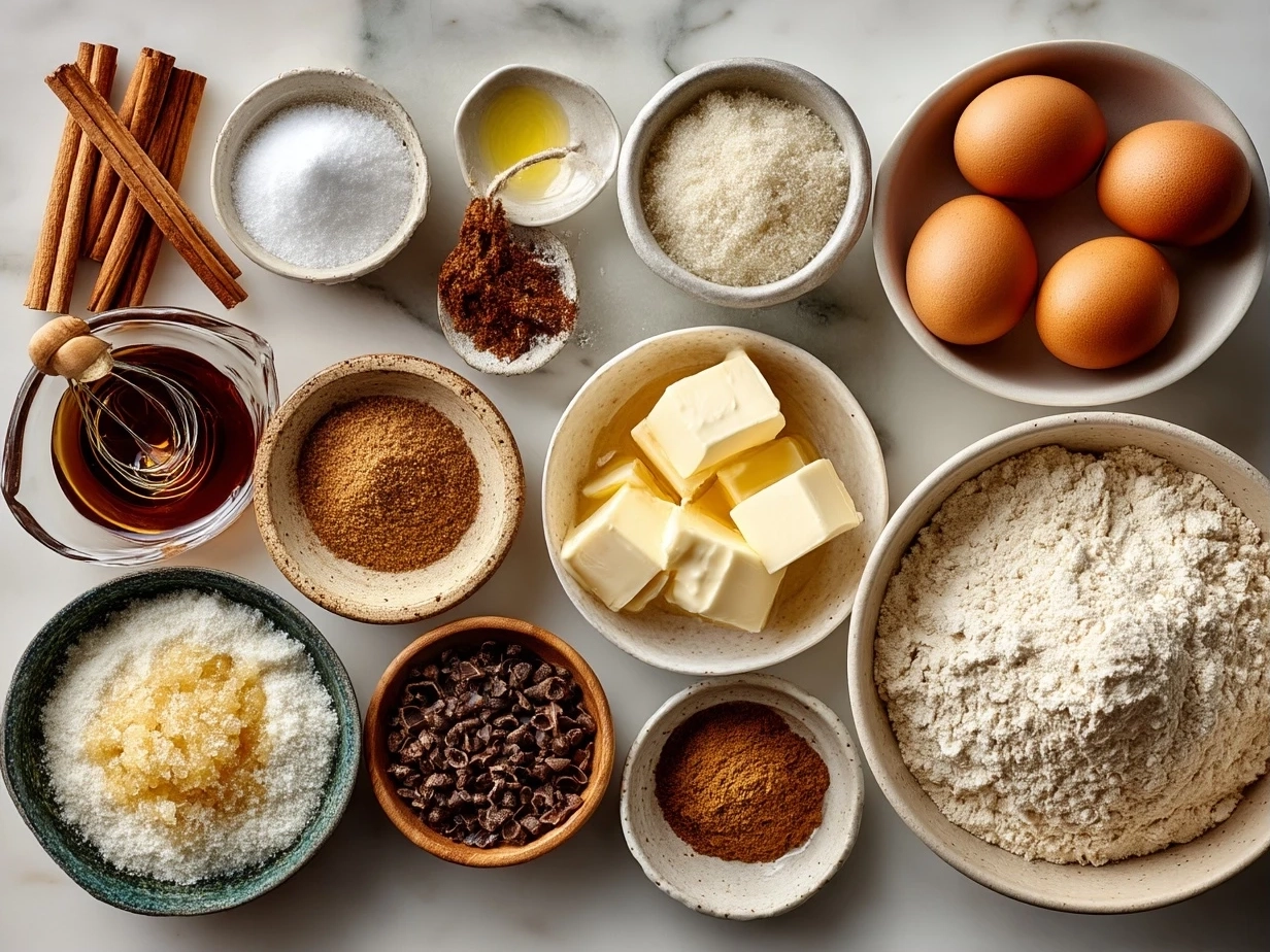 Raw ingredients for applesauce cake on marble surface
