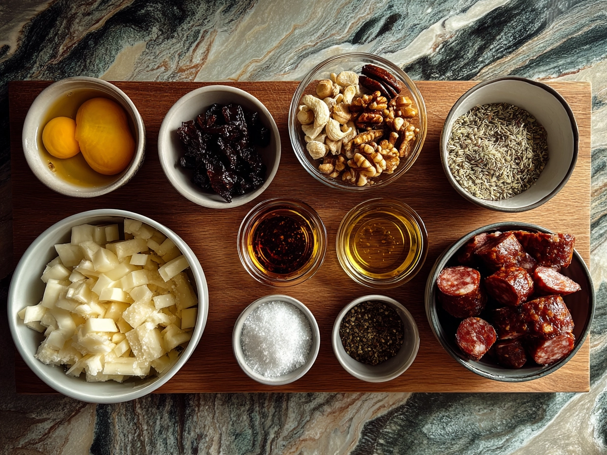 Top-down view of raw ingredients for making candied kielbasa bites arranged on a marble surface