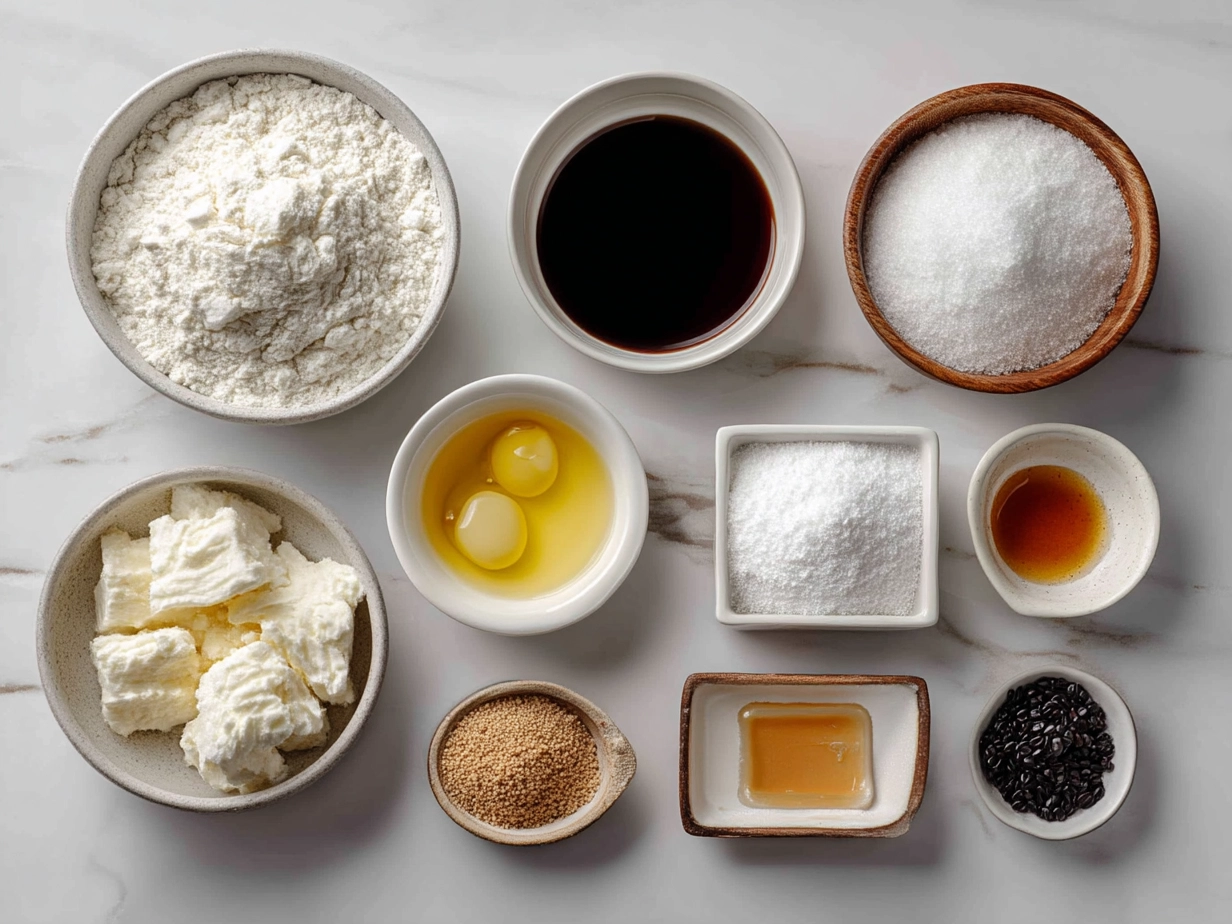 Top down view of raw ingredients for flourless yogurt cake on marble surface